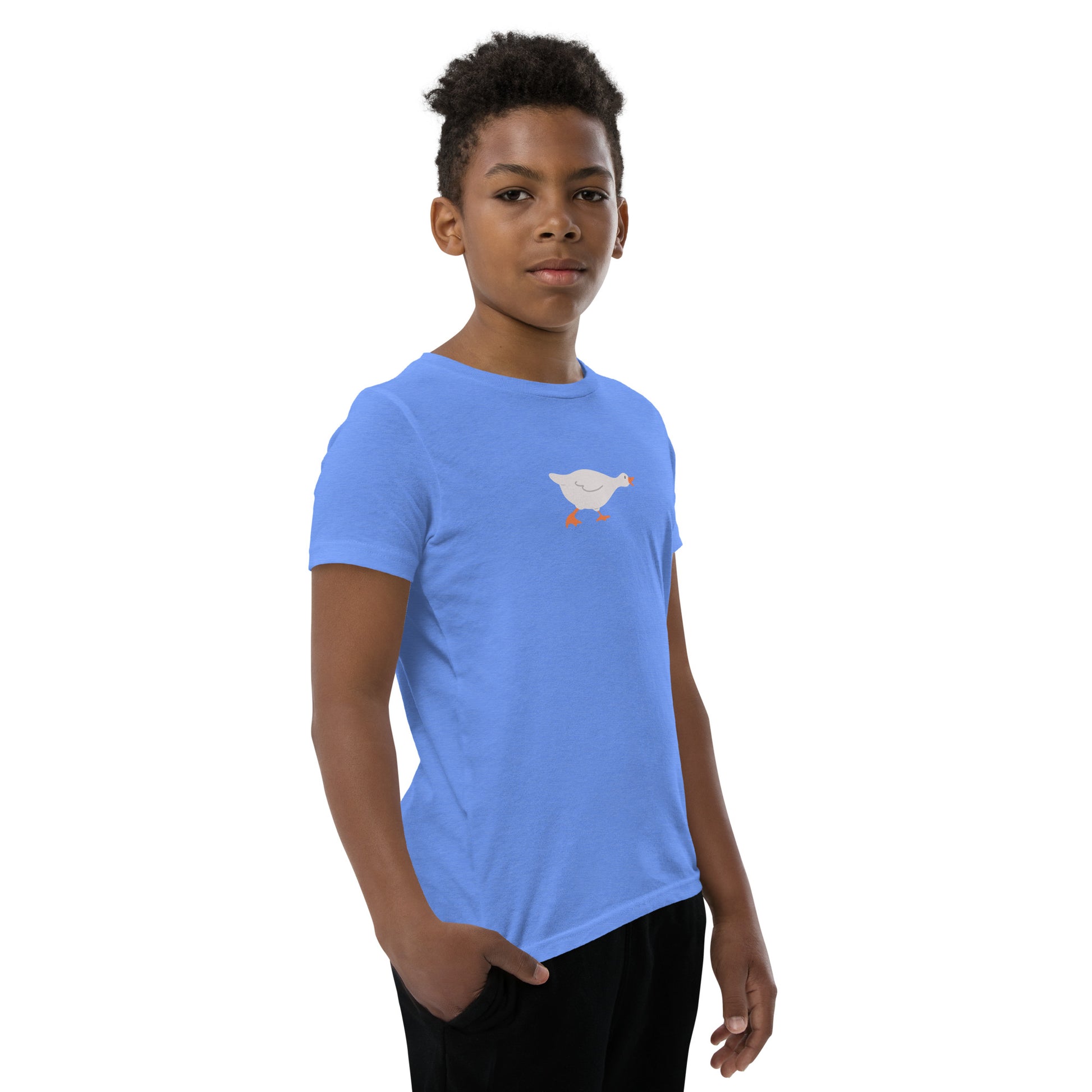 Goose Game Youth T-Shirt with running white goose graphic on soft cotton fabric