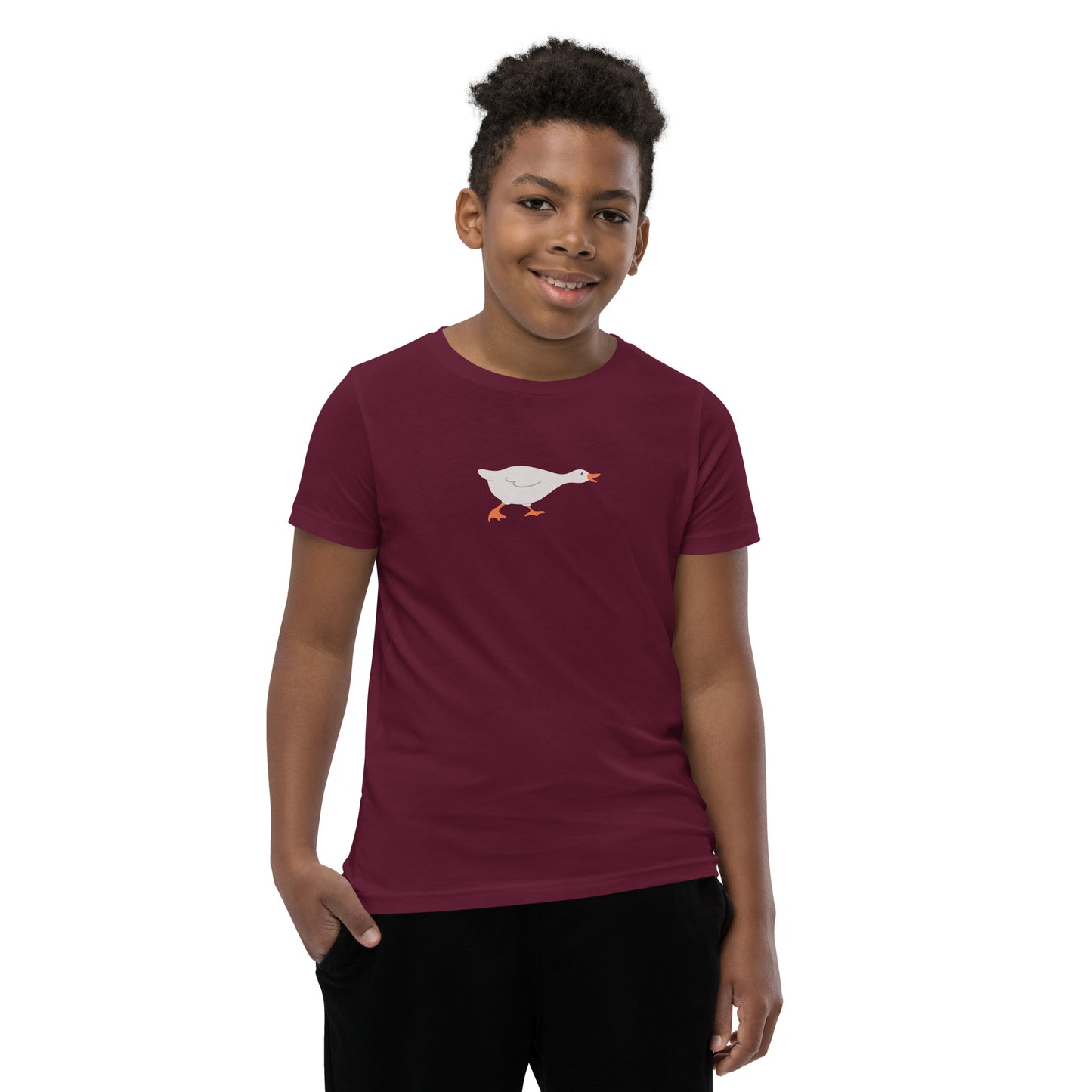 Goose Game Youth T-Shirt with running white goose graphic on soft cotton fabric