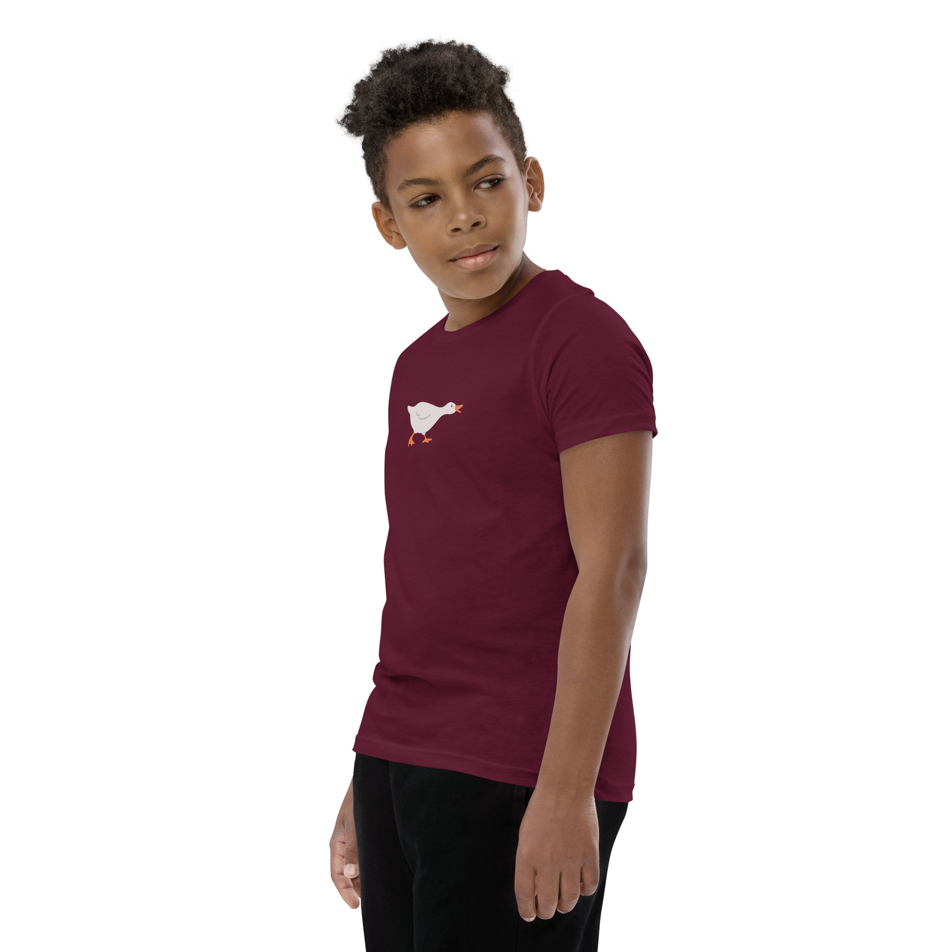 Goose Game Youth T-Shirt with running white goose graphic on soft cotton fabric
