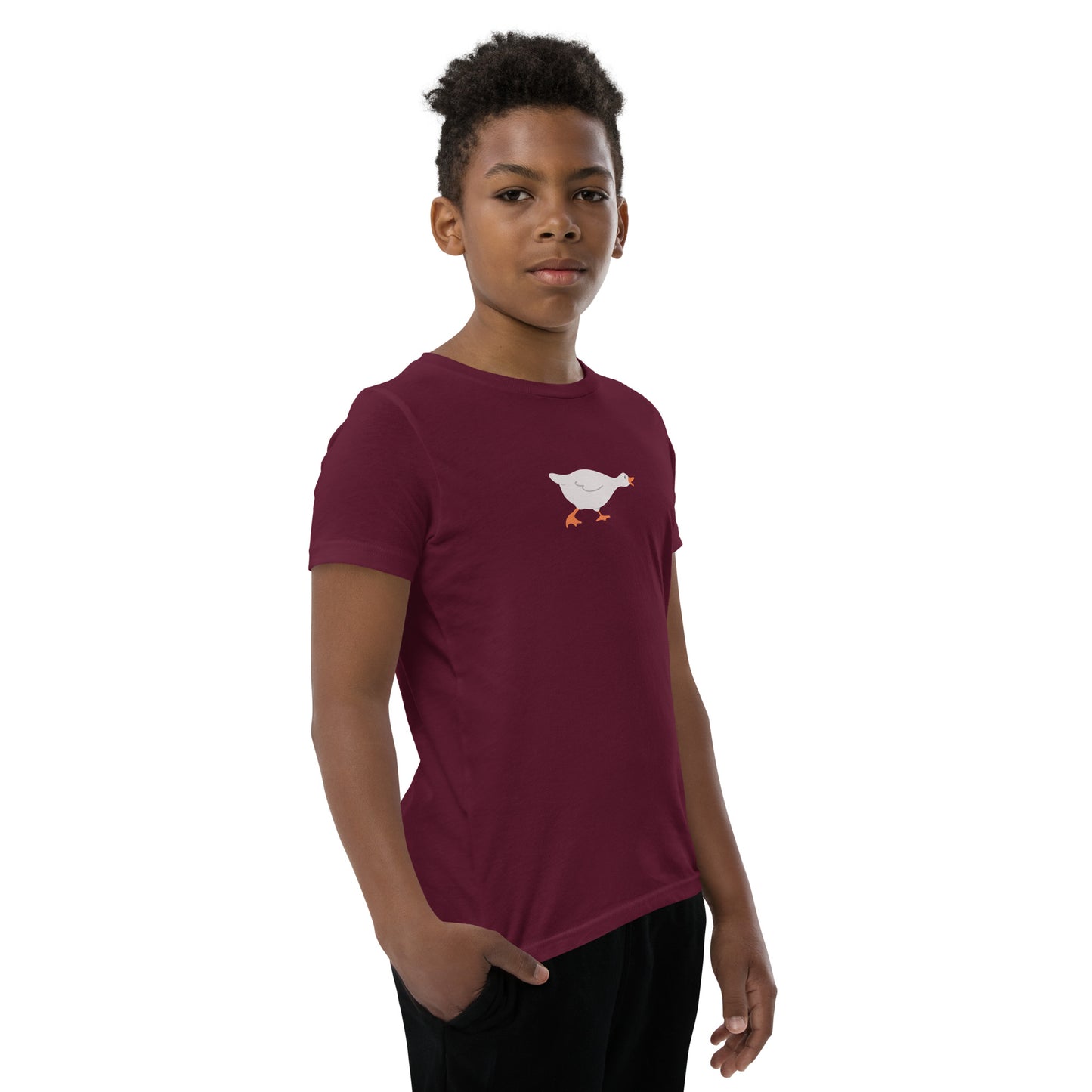 Goose Game Youth T-Shirt with running white goose graphic on soft cotton fabric