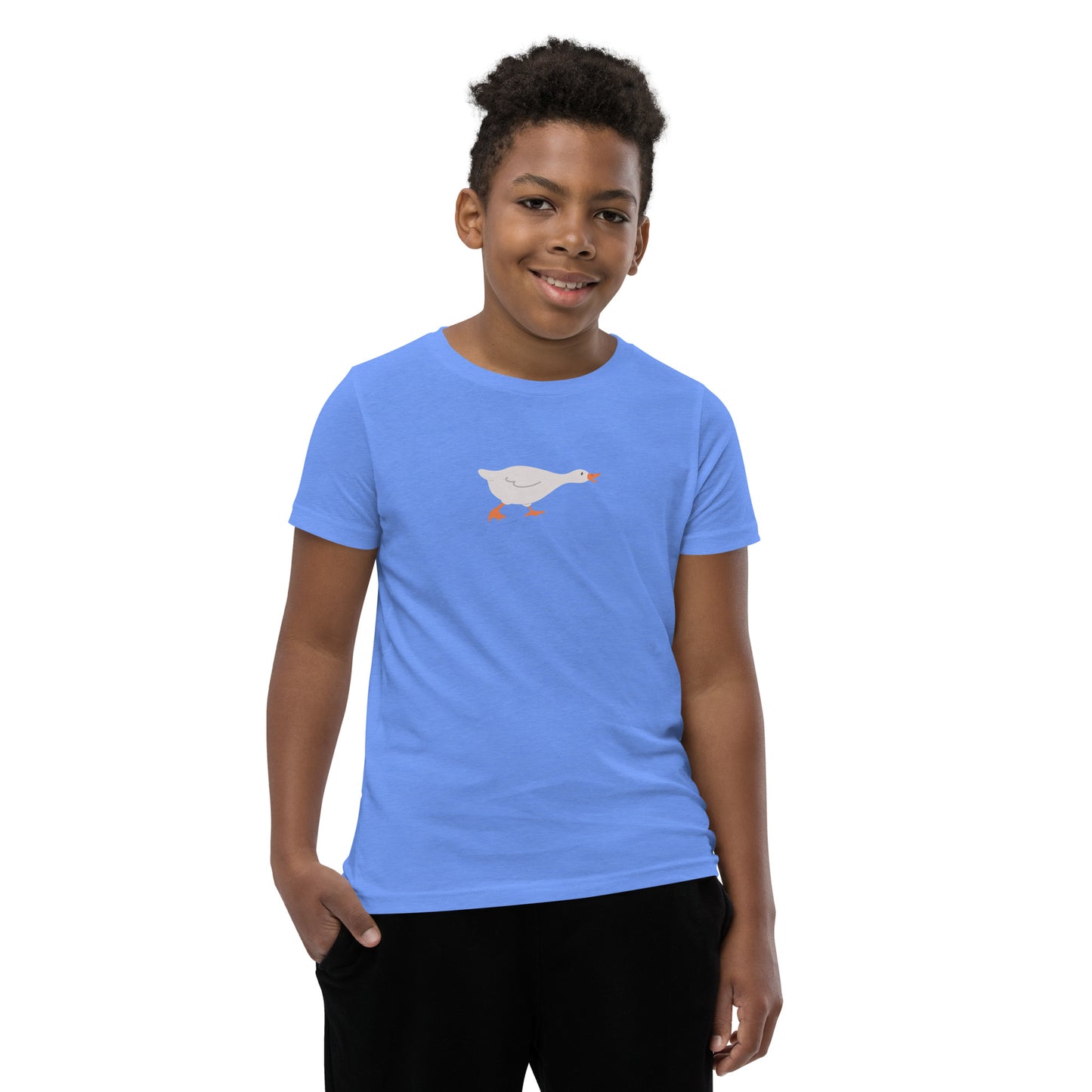 Goose Game Youth T-Shirt with running white goose graphic on soft cotton fabric