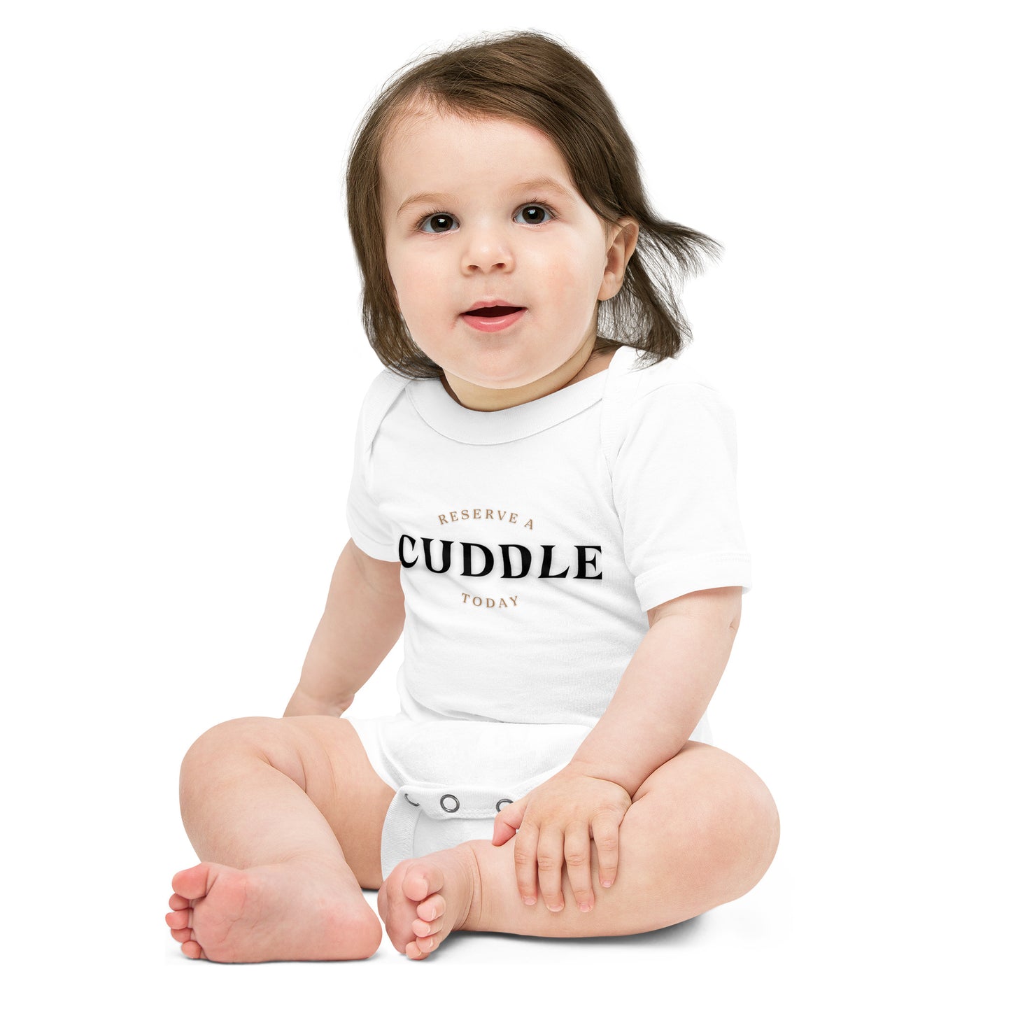 baby onesie with 'Reserve a Cuddle Today' text design
