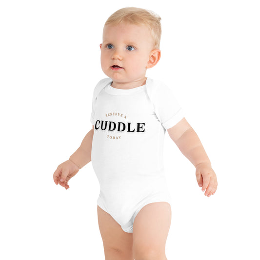 baby onesie with 'Reserve a Cuddle Today' text design