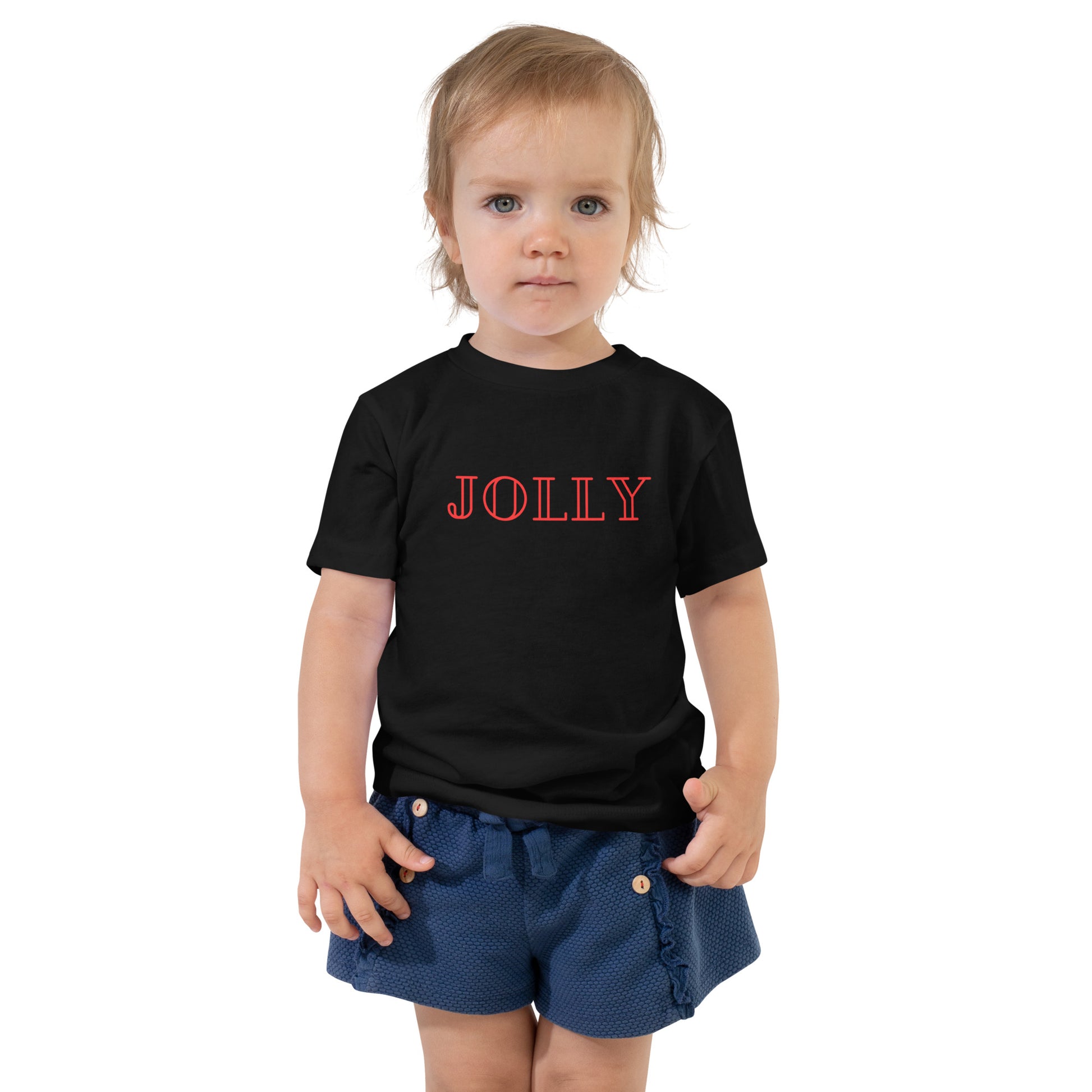 toddler t-shirt with 'Jolly' text design in red