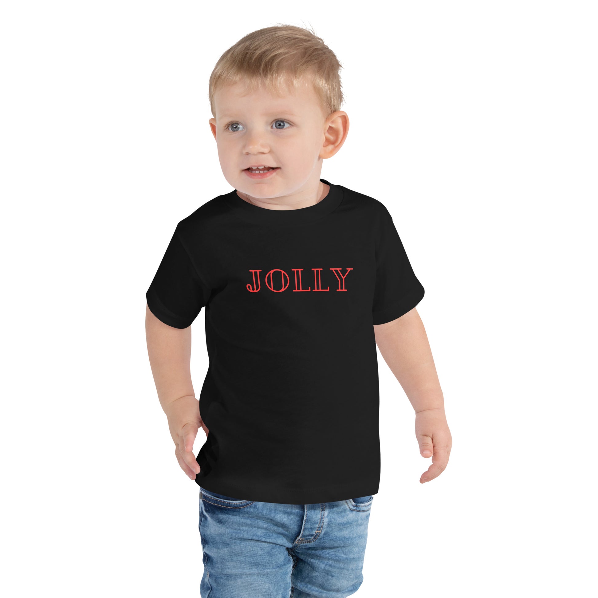 toddler t-shirt with 'Jolly' text design in red
