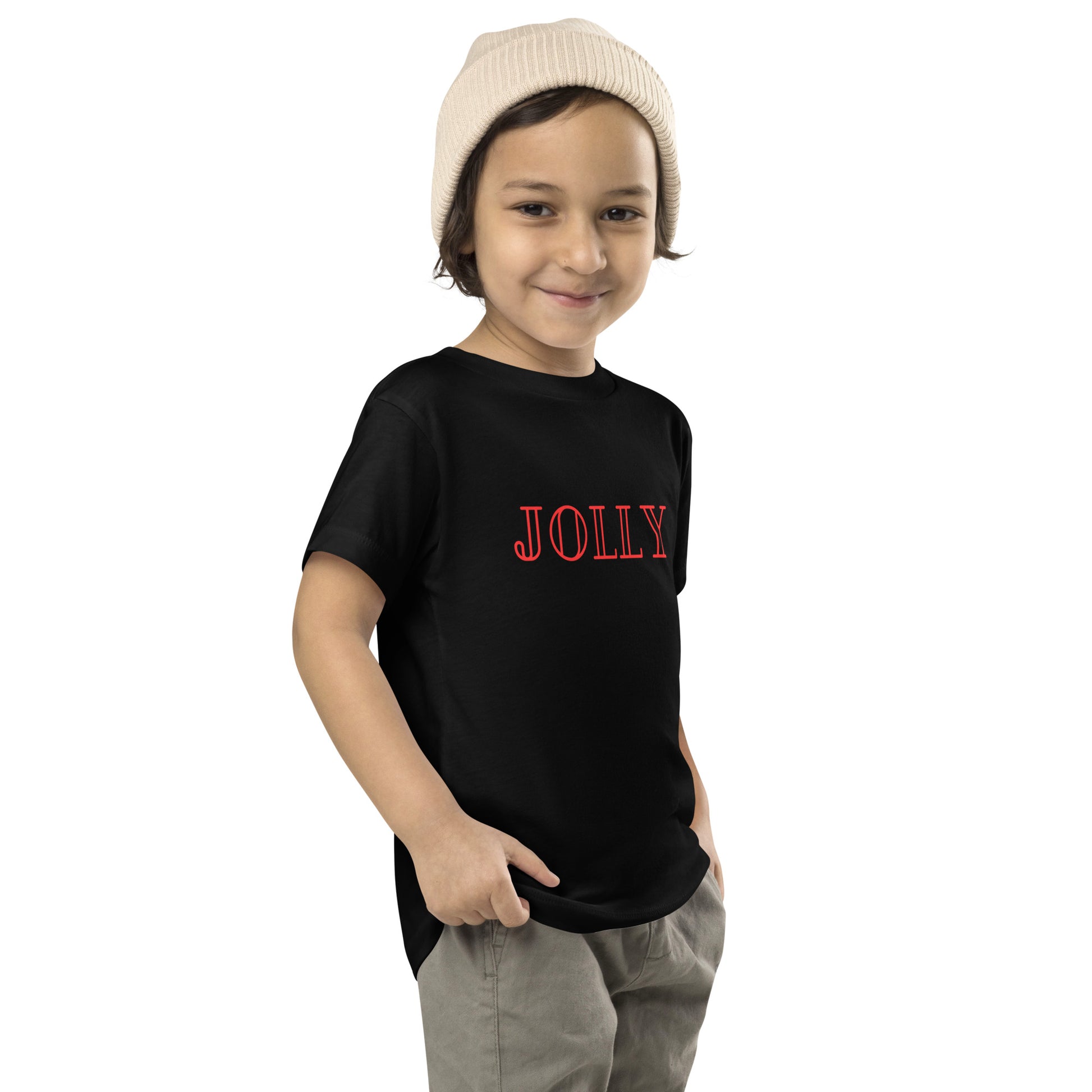 toddler t-shirt with 'Jolly' text design in red