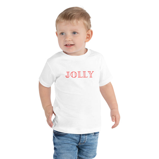 toddler t-shirt with 'Jolly' text design in red