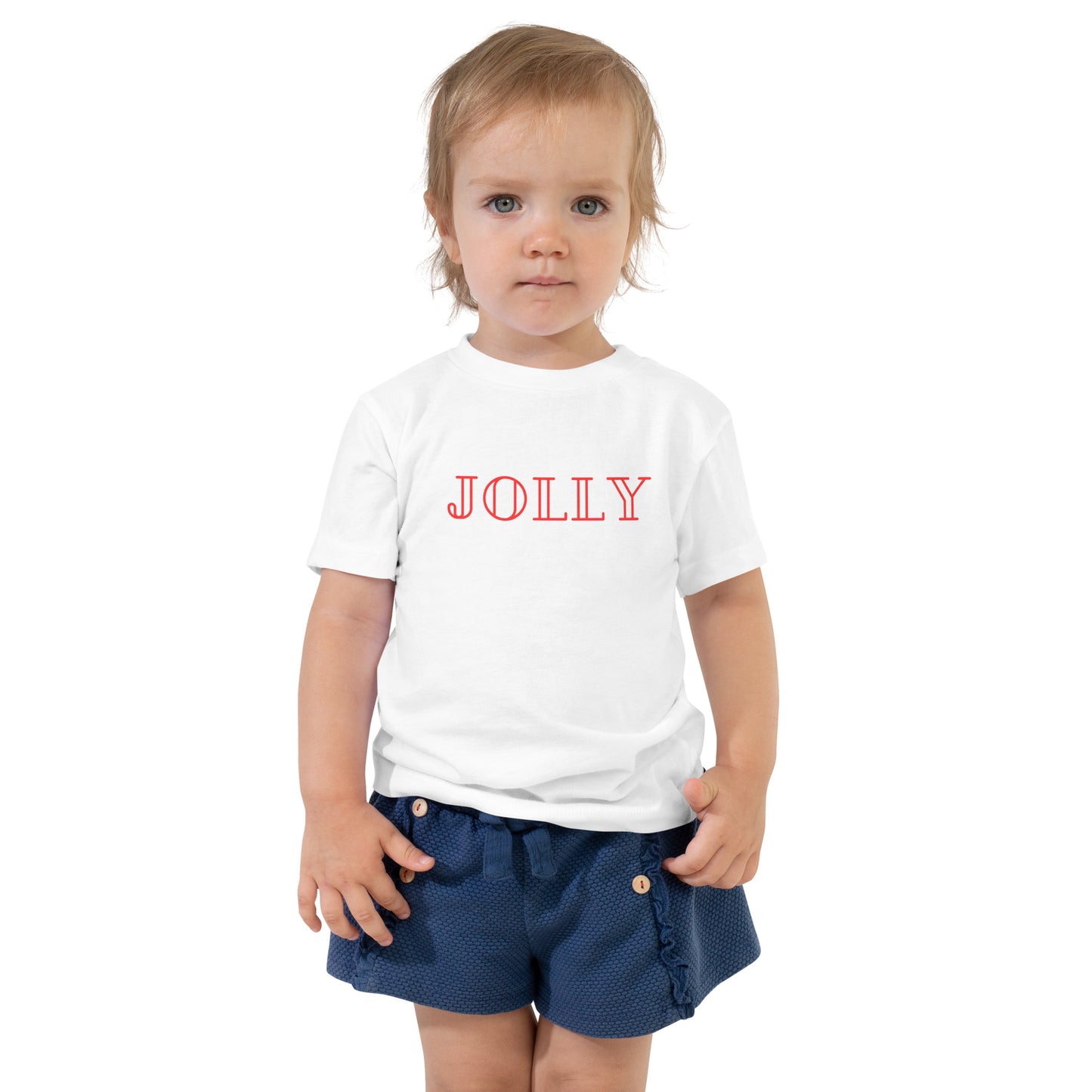 toddler t-shirt with 'Jolly' text design in red
