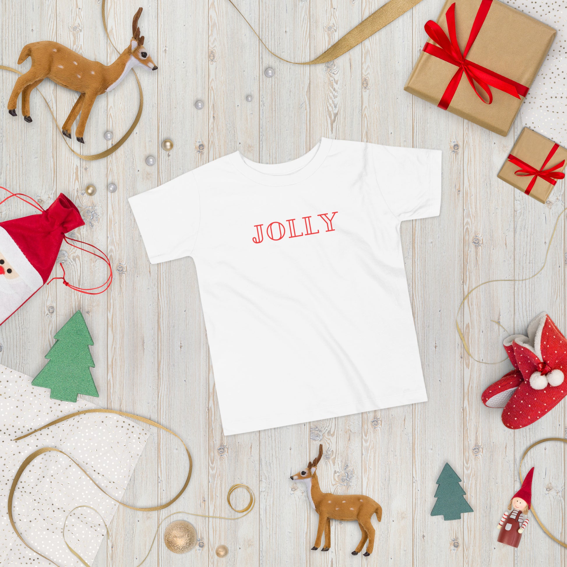 toddler t-shirt with 'Jolly' text design in red