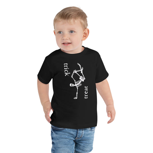 toddler t-shirt with skeleton and 'trick treat' text design