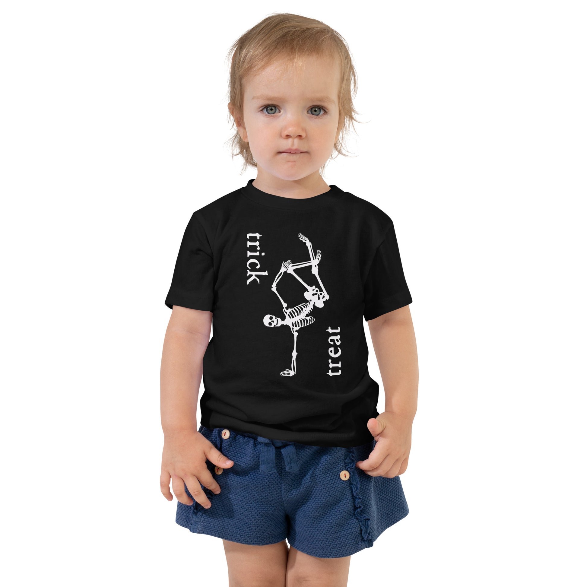 toddler t-shirt with skeleton and 'trick treat' text design