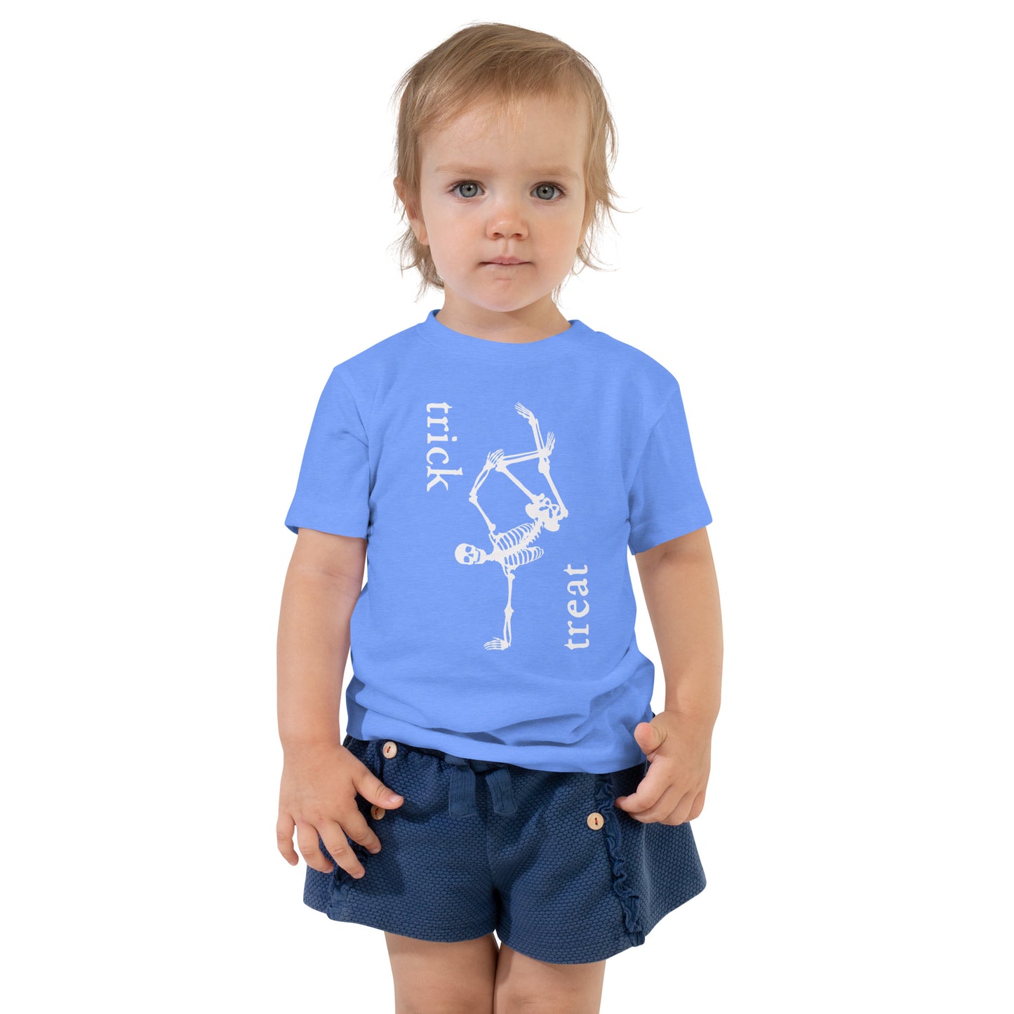 toddler t-shirt with skeleton and 'trick treat' text design