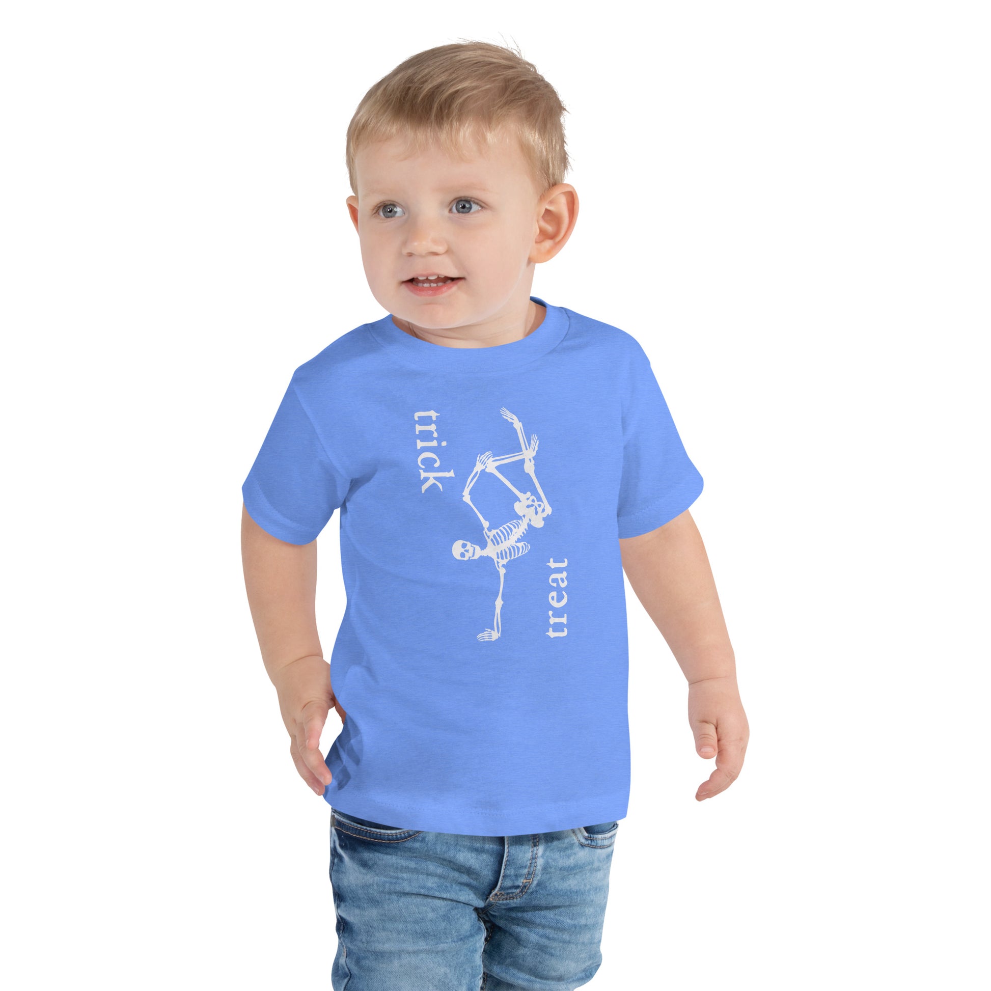 toddler t-shirt with skeleton and 'trick treat' text design