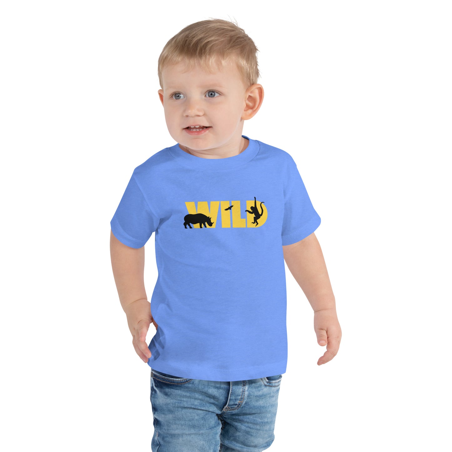 toddler t-shirt with 'Wild' text and animal silhouettes design