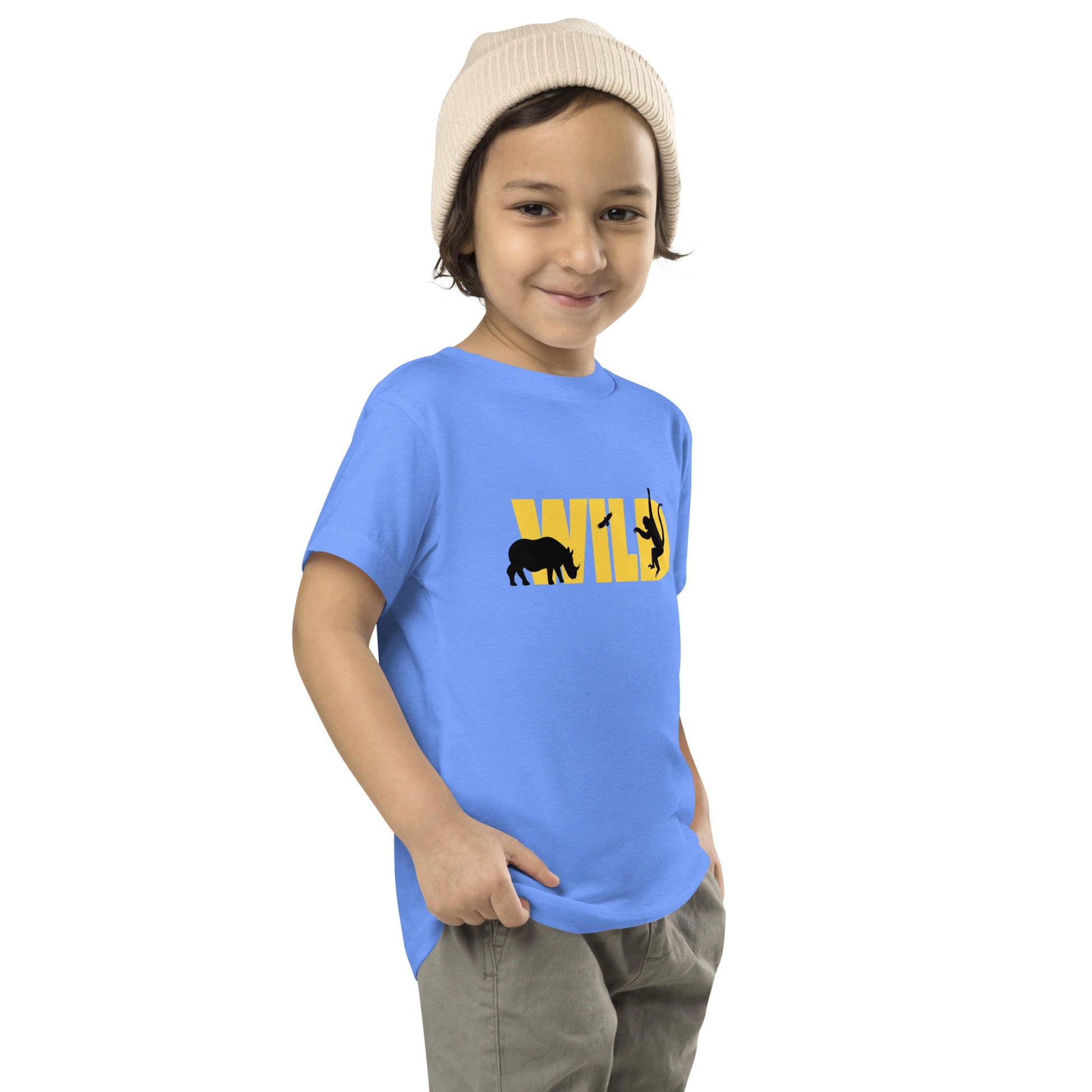 toddler t-shirt with 'Wild' text and animal silhouettes design