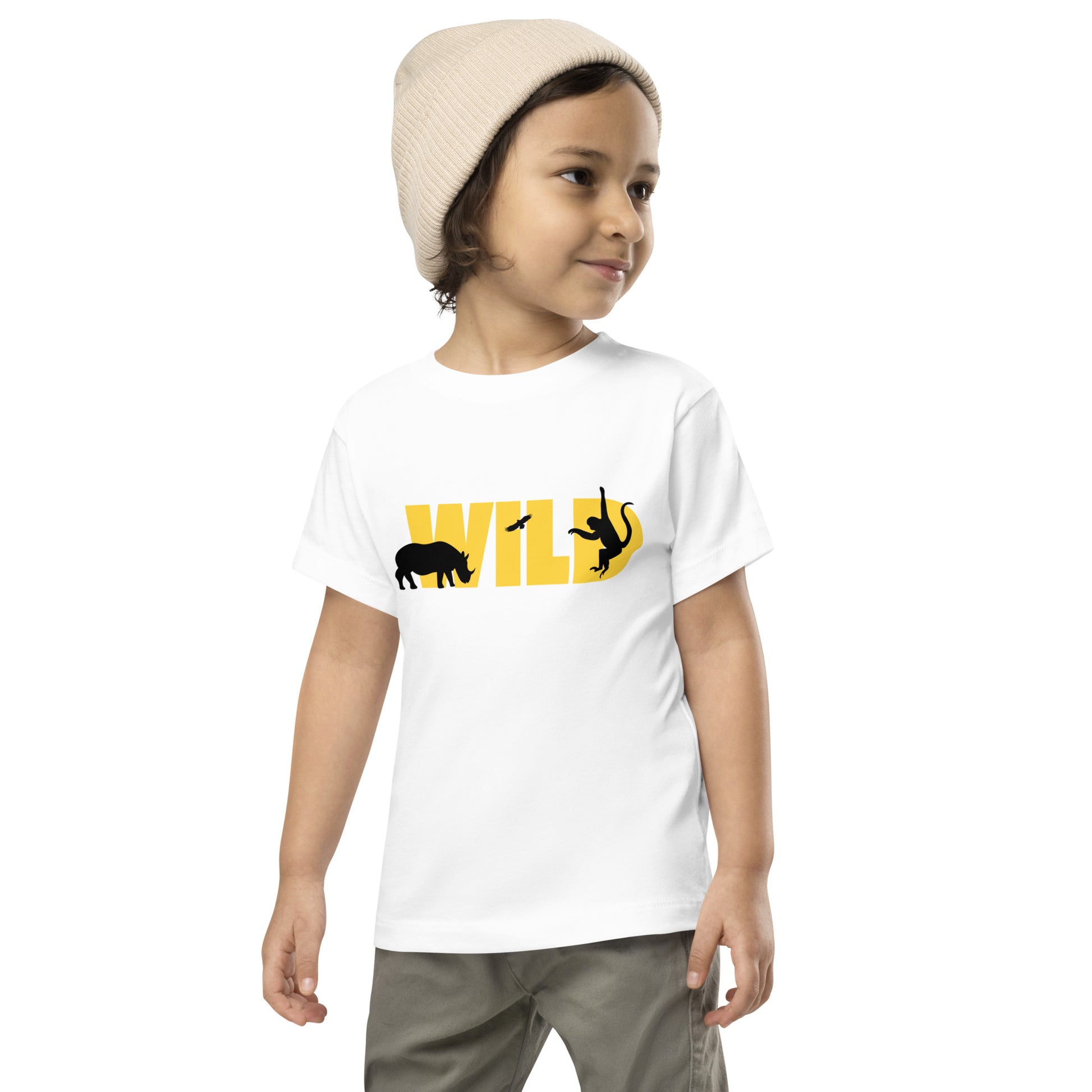 toddler t-shirt with 'Wild' text and animal silhouettes design