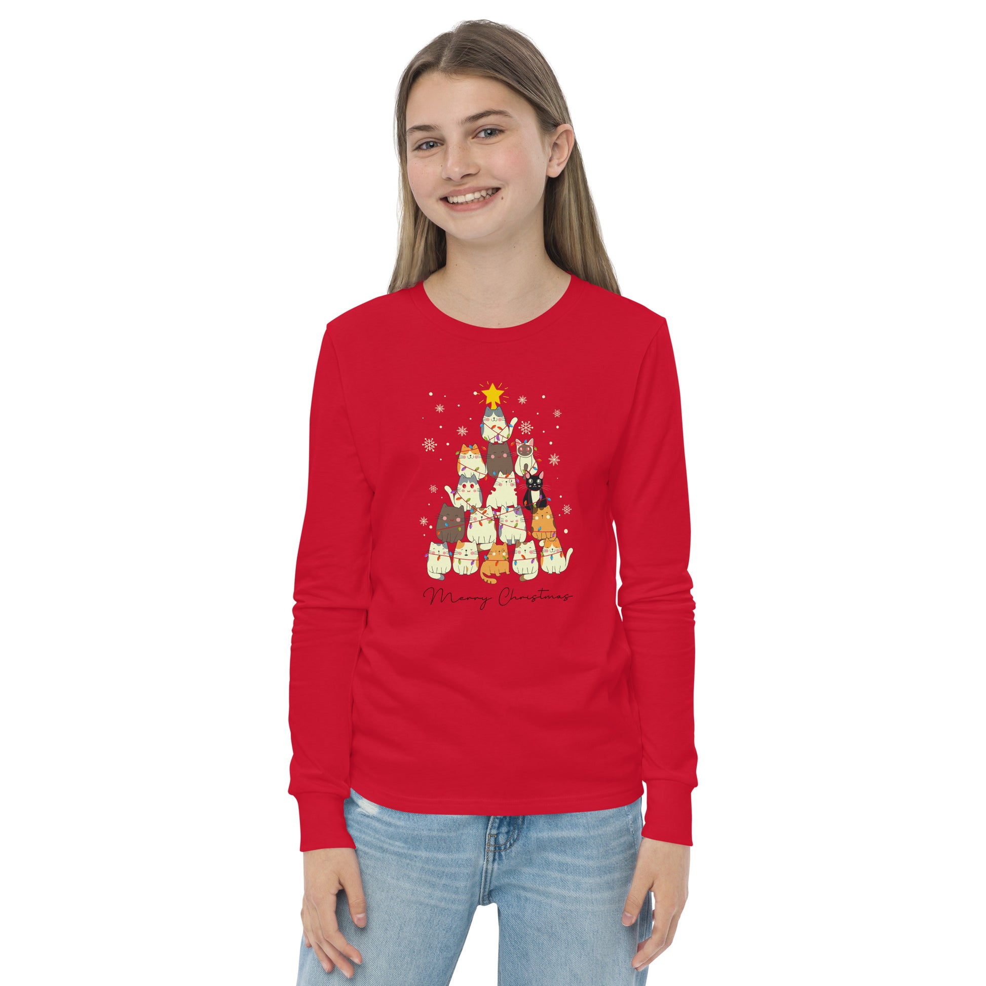 youth long sleeve t-shirt with Christmas cat tree design and 'Merry Christmas' text