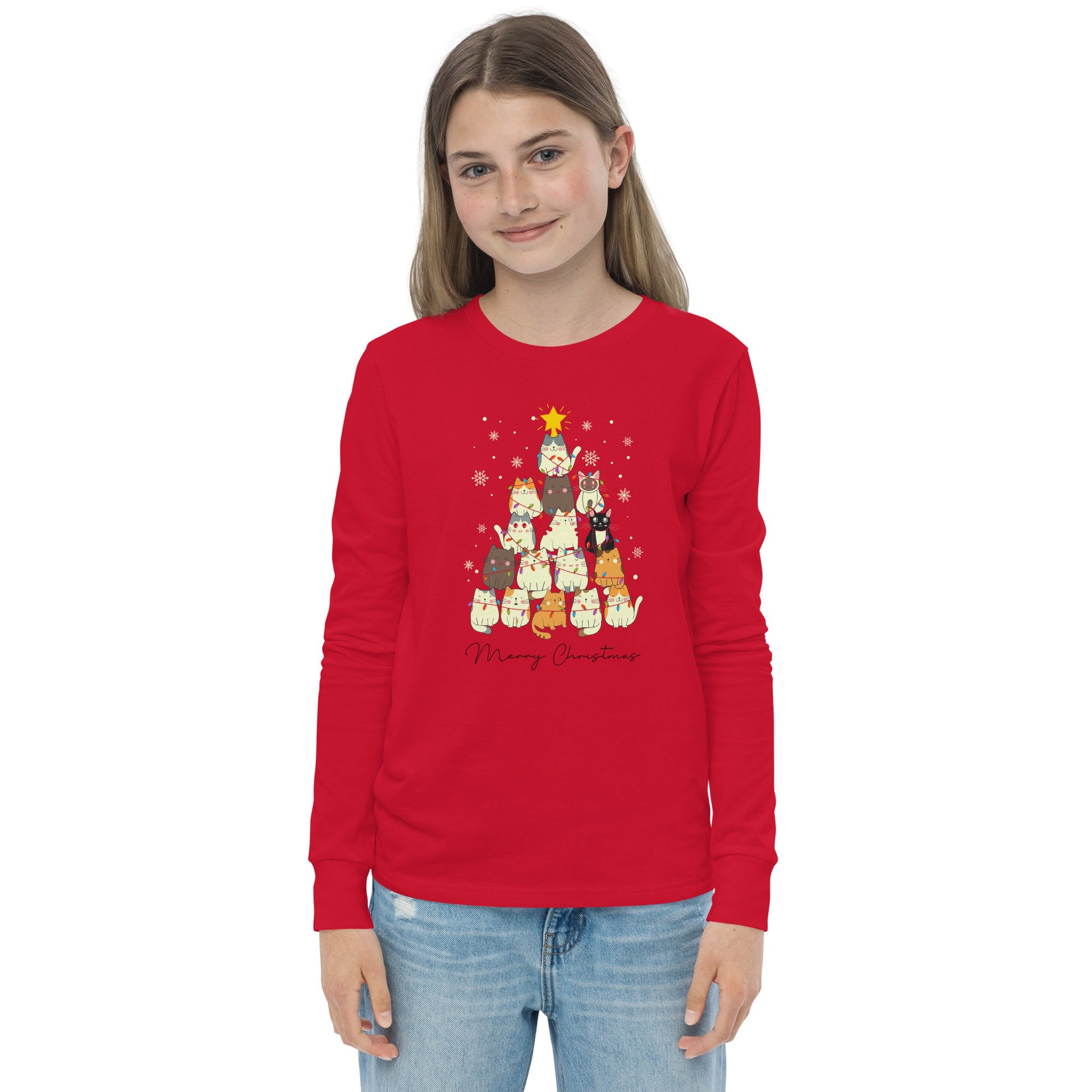 youth long sleeve t-shirt with Christmas cat tree design and 'Merry Christmas' text