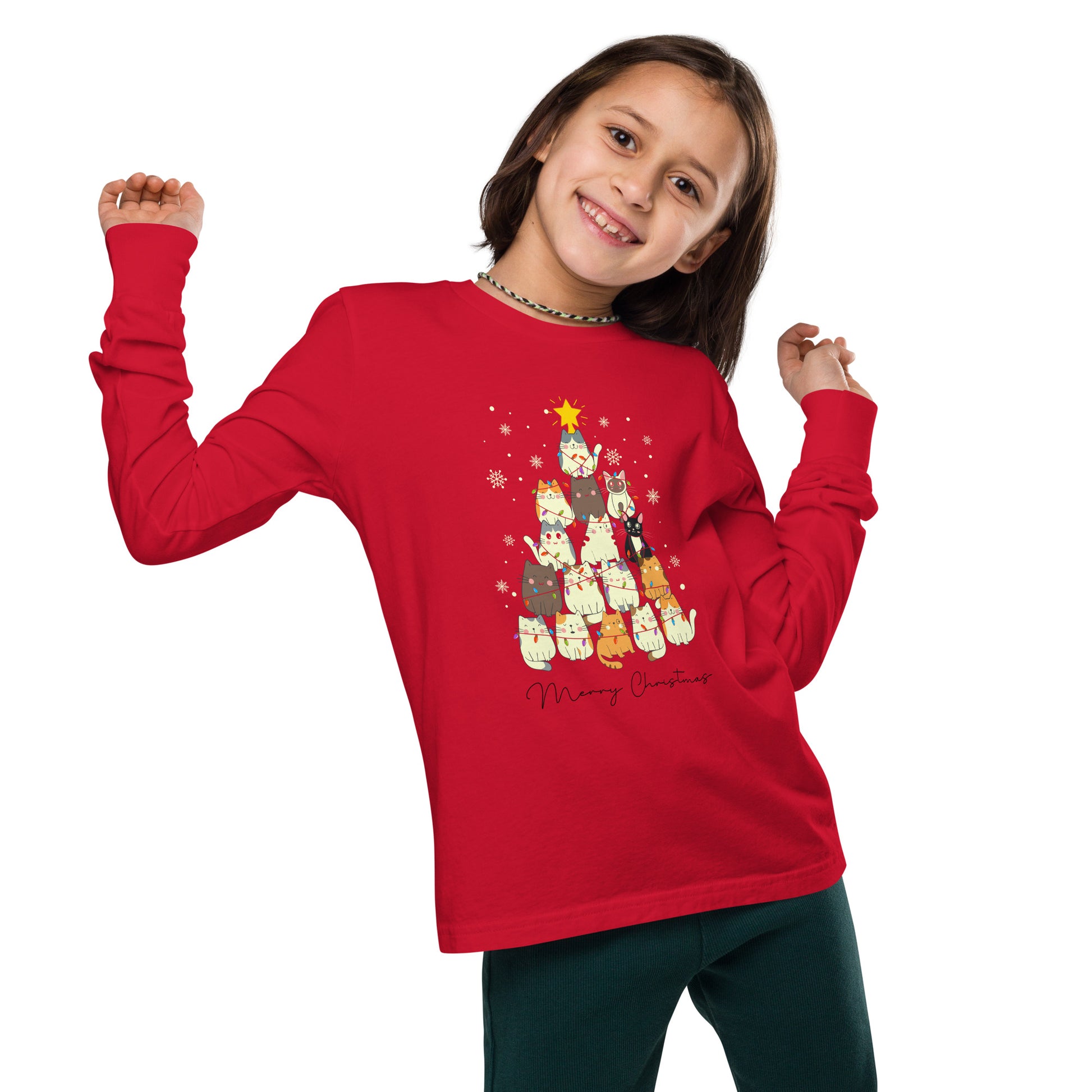 youth long sleeve t-shirt with Christmas cat tree design and 'Merry Christmas' text