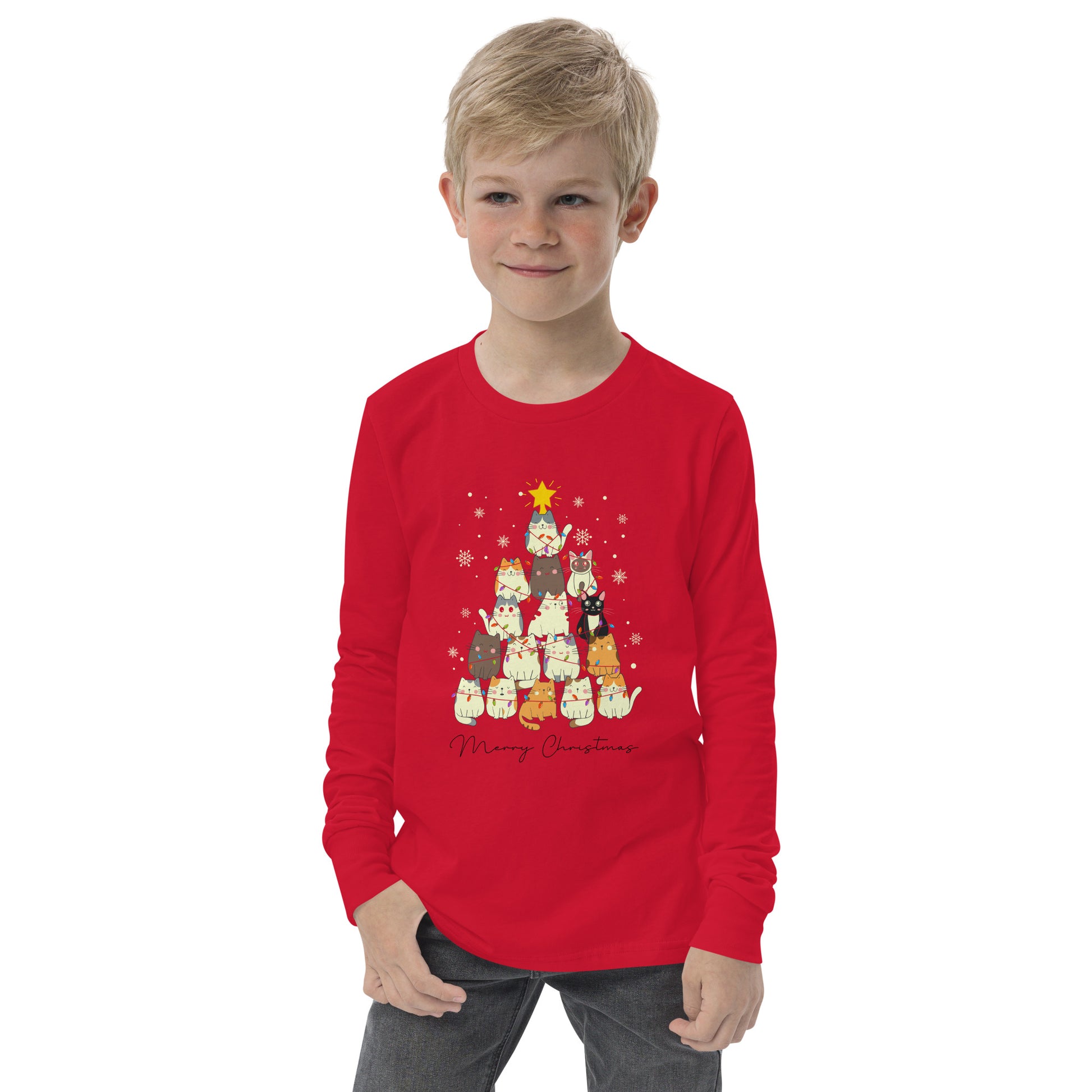 youth long sleeve t-shirt with Christmas cat tree design and 'Merry Christmas' text