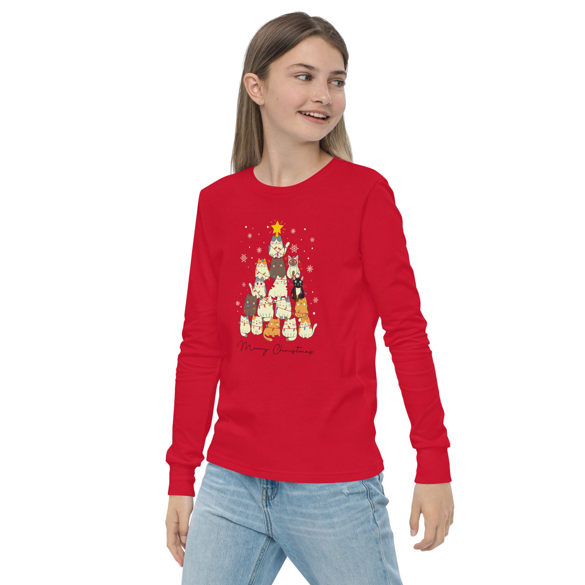 youth long sleeve t-shirt with Christmas cat tree design and 'Merry Christmas' text