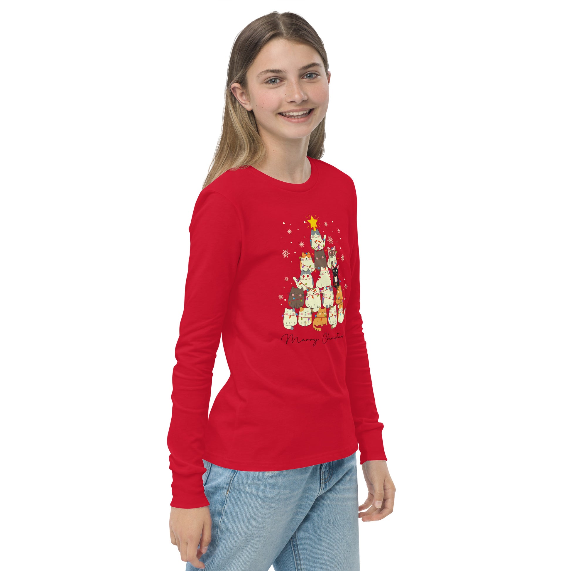 youth long sleeve t-shirt with Christmas cat tree design and 'Merry Christmas' text