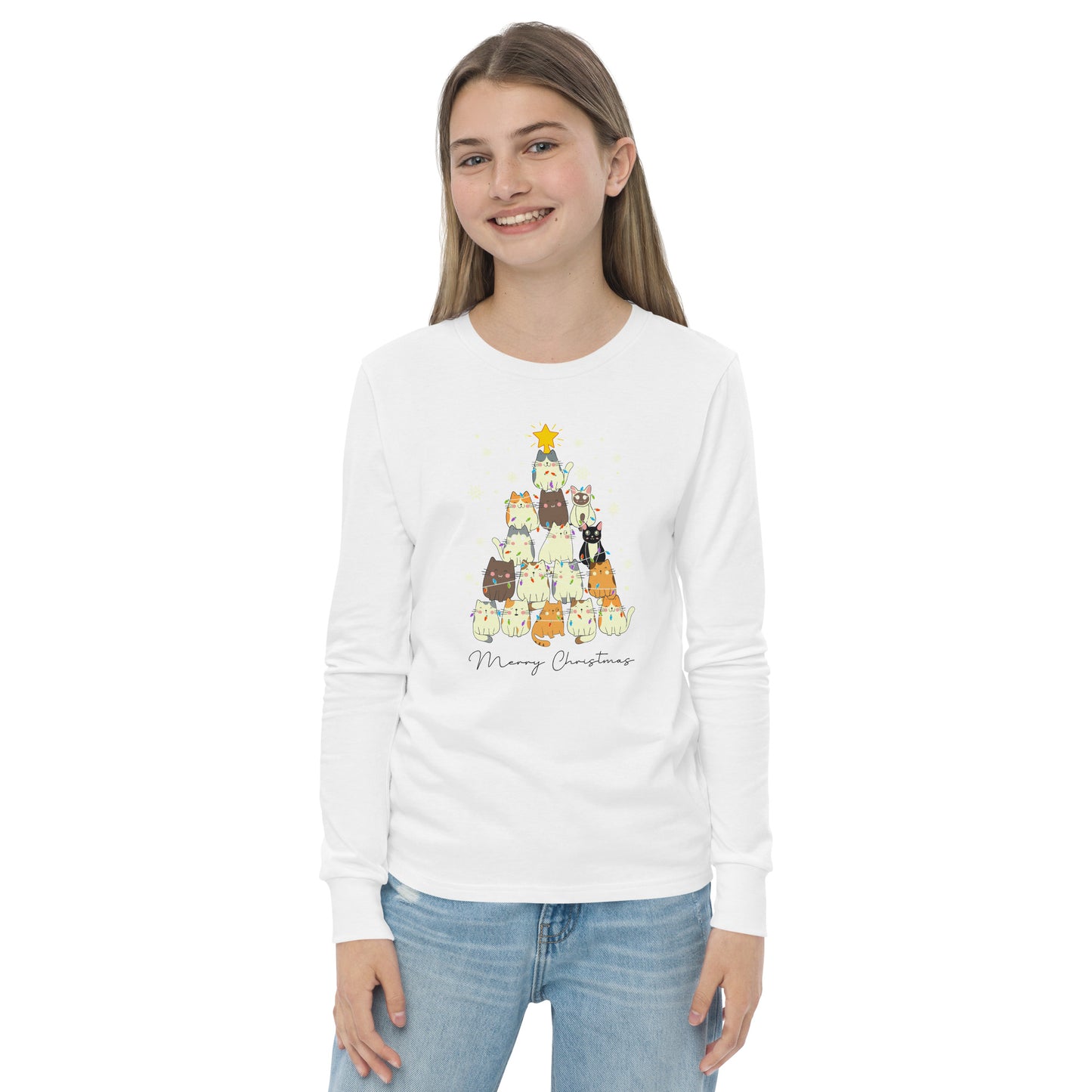 youth long sleeve t-shirt with Christmas cat tree design and 'Merry Christmas' text