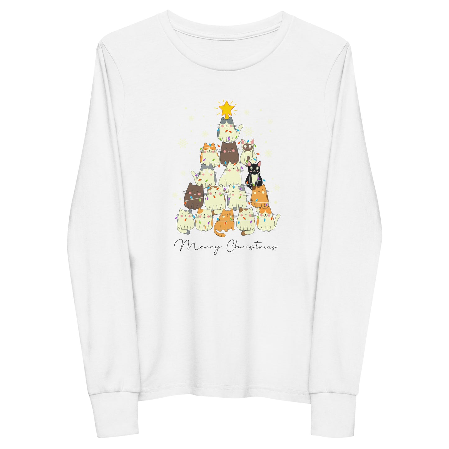 youth long sleeve t-shirt with Christmas cat tree design and 'Merry Christmas' text