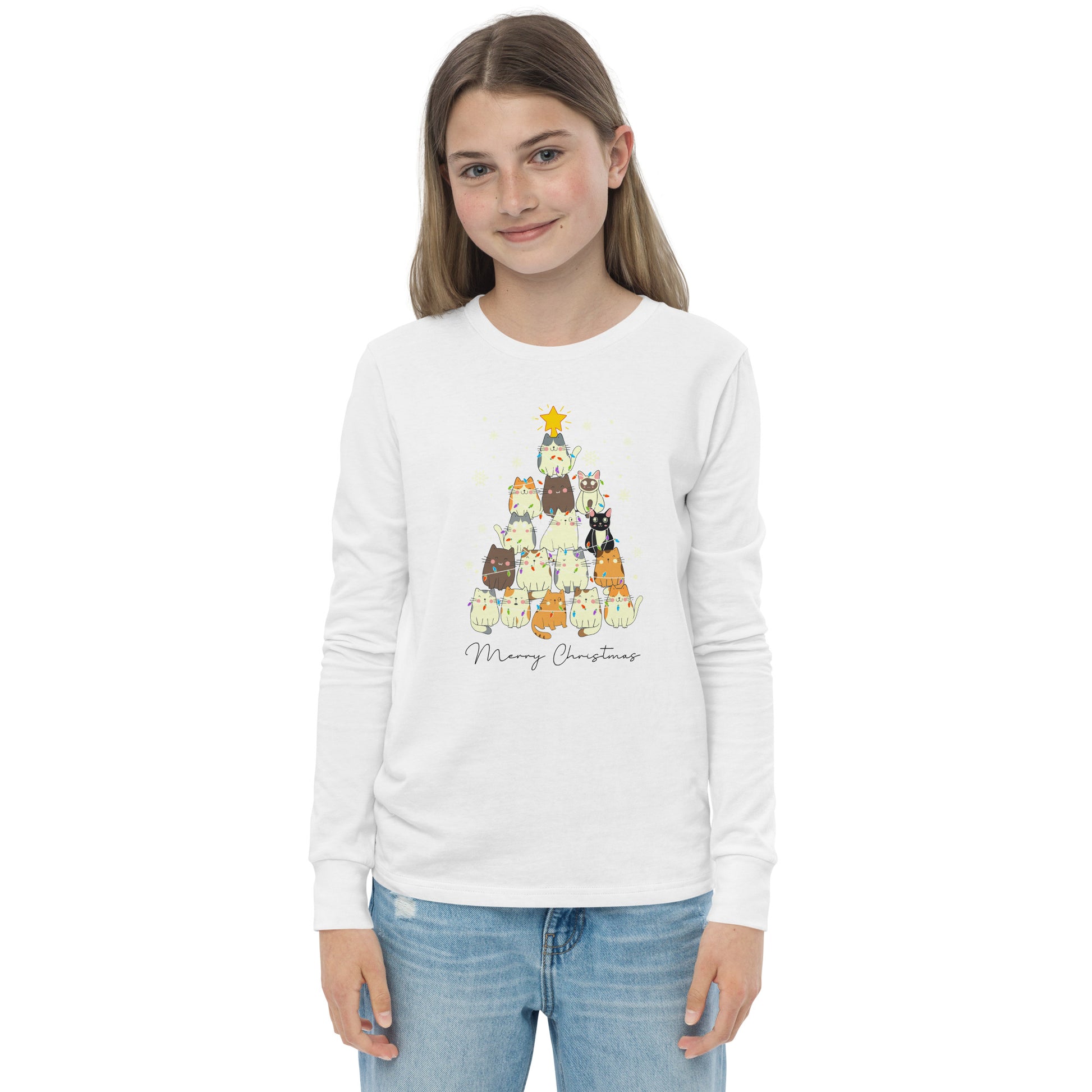 youth long sleeve t-shirt with Christmas cat tree design and 'Merry Christmas' text