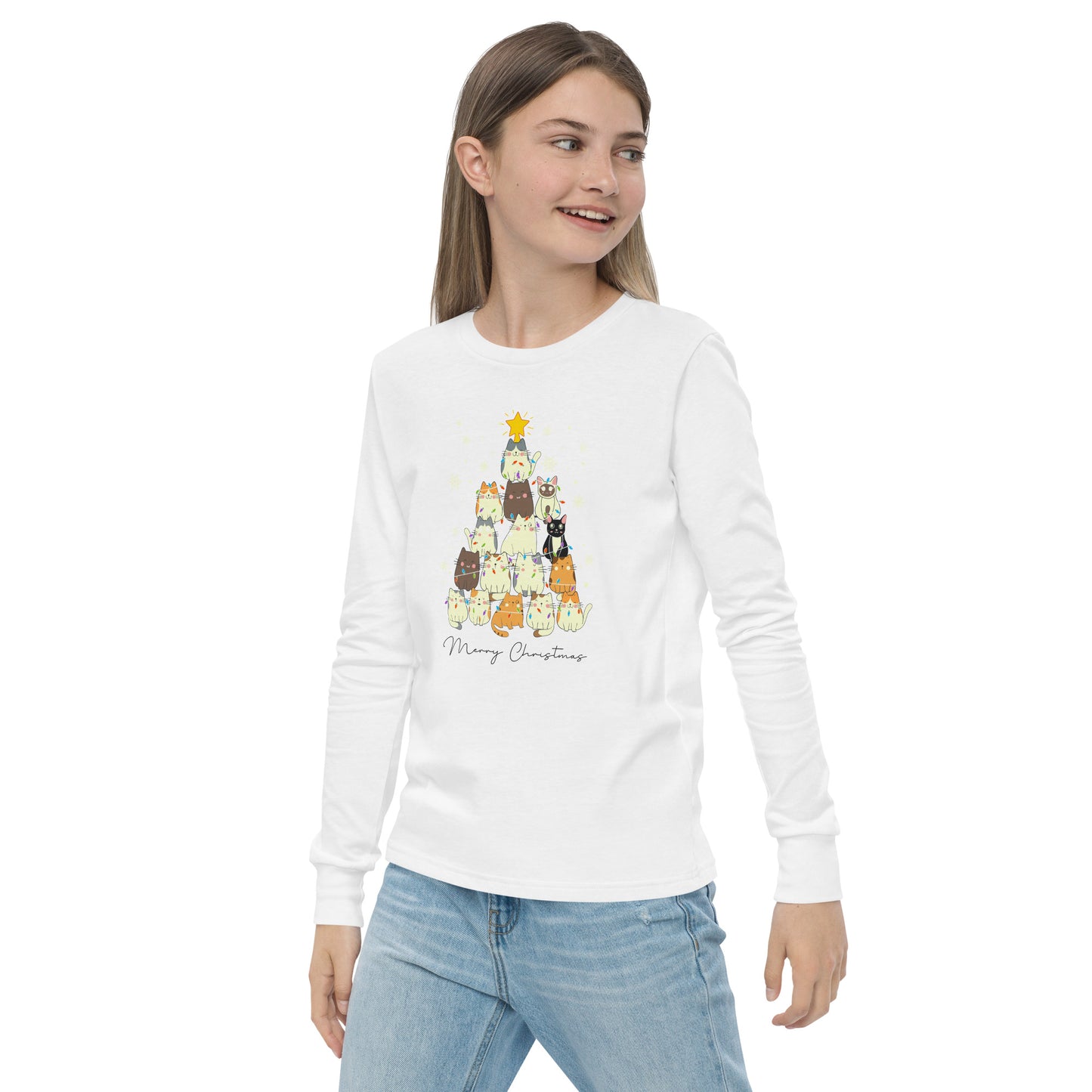 youth long sleeve t-shirt with Christmas cat tree design and 'Merry Christmas' text