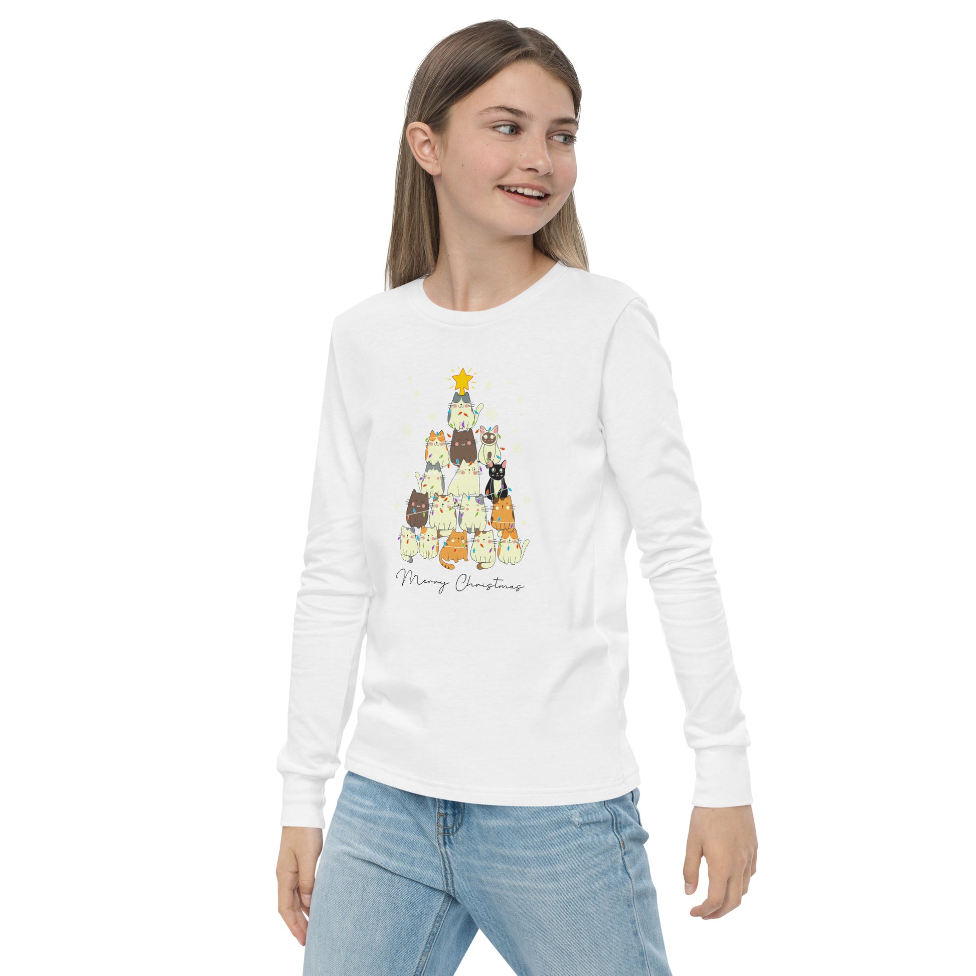 youth long sleeve t-shirt with Christmas cat tree design and 'Merry Christmas' text