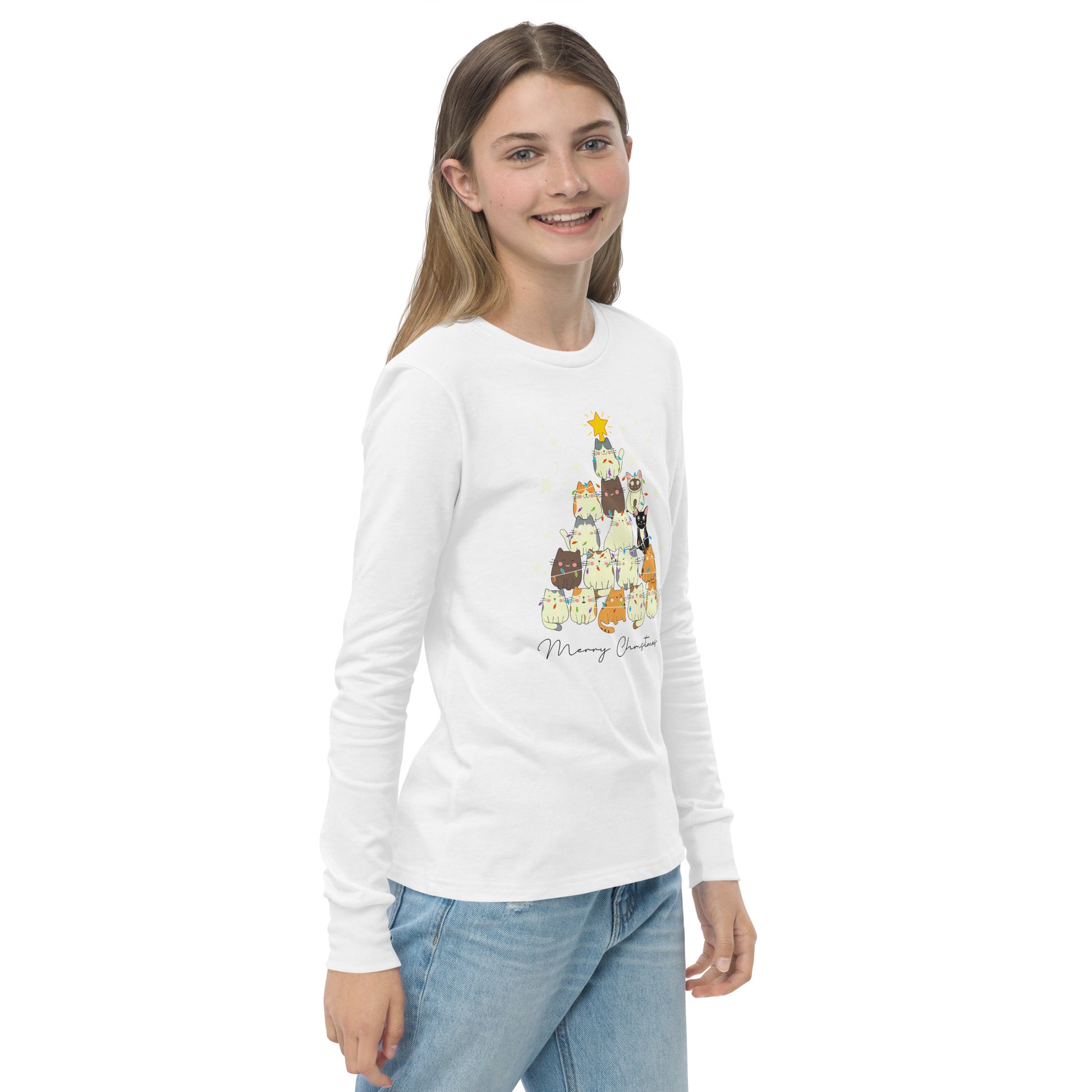 youth long sleeve t-shirt with Christmas cat tree design and 'Merry Christmas' text