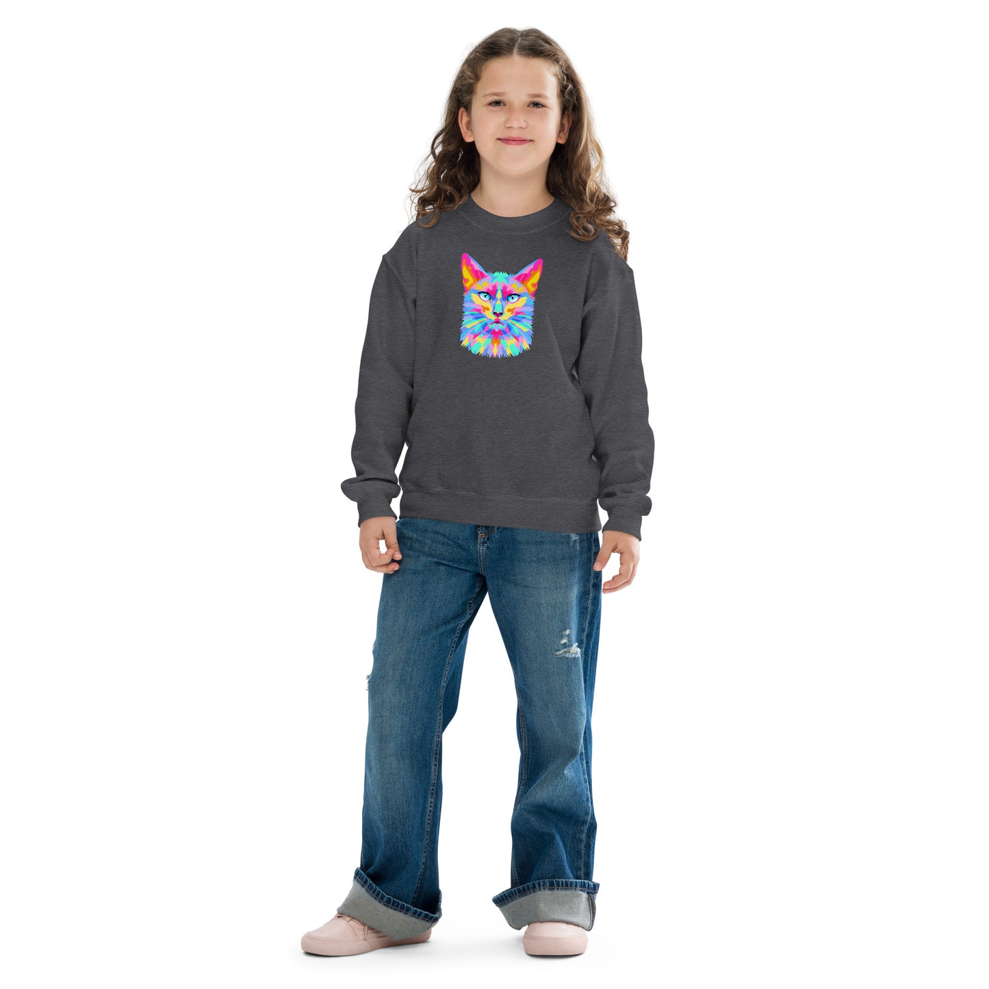 youth crew neck sweatshirt with colorful cat face design