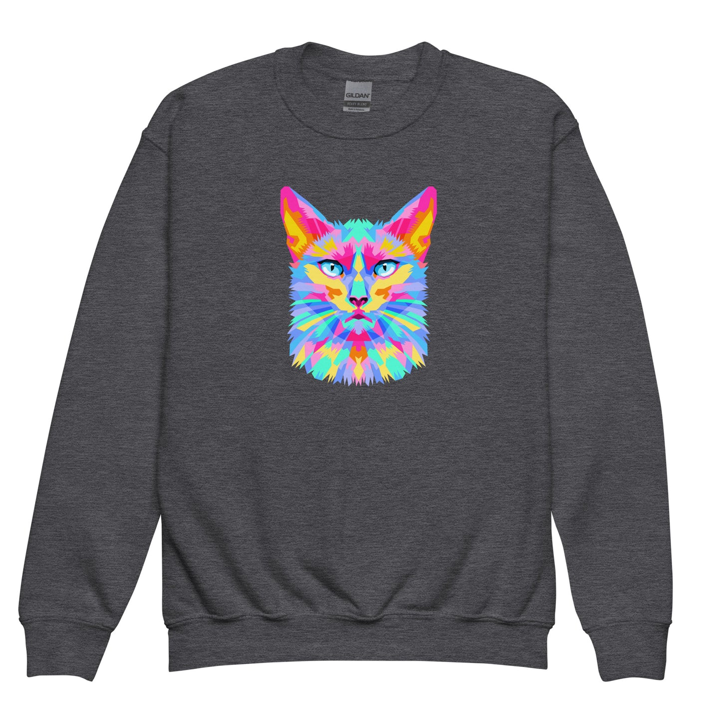 youth crew neck sweatshirt with colorful cat face design