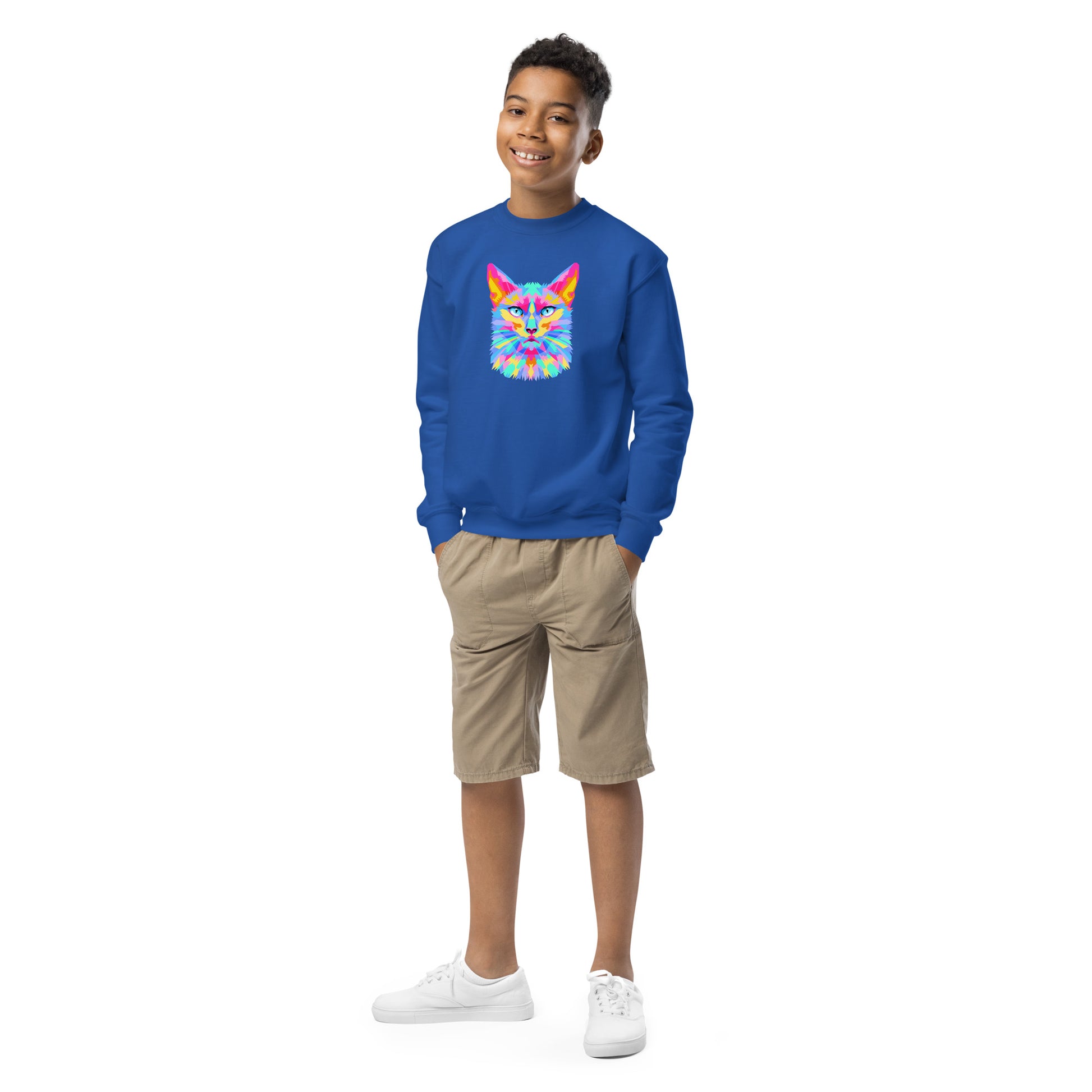 youth crew neck sweatshirt with colorful cat face design