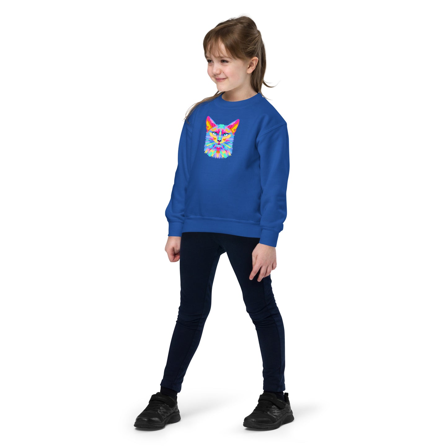 youth crew neck sweatshirt with colorful cat face design