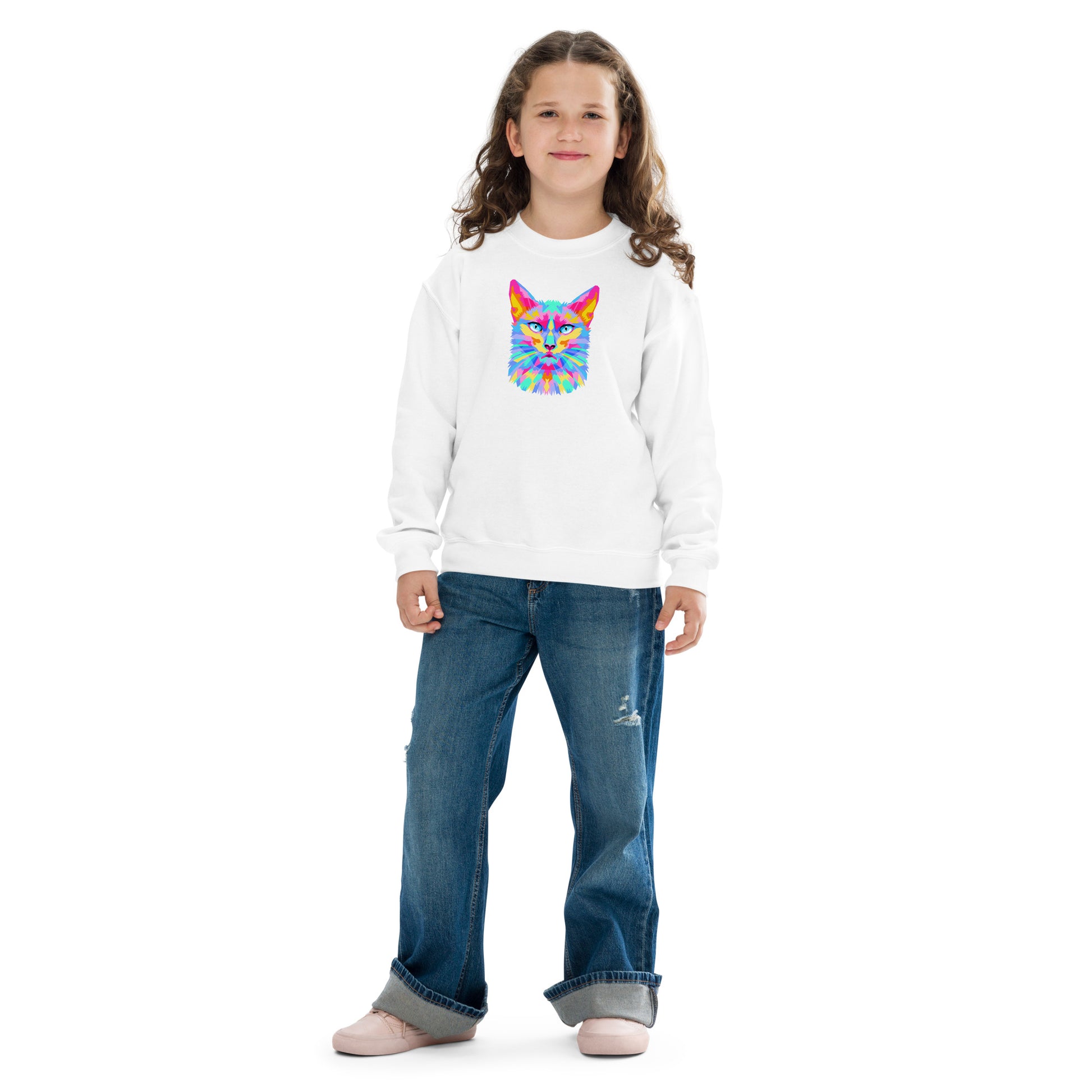 youth crew neck sweatshirt with colorful cat face design