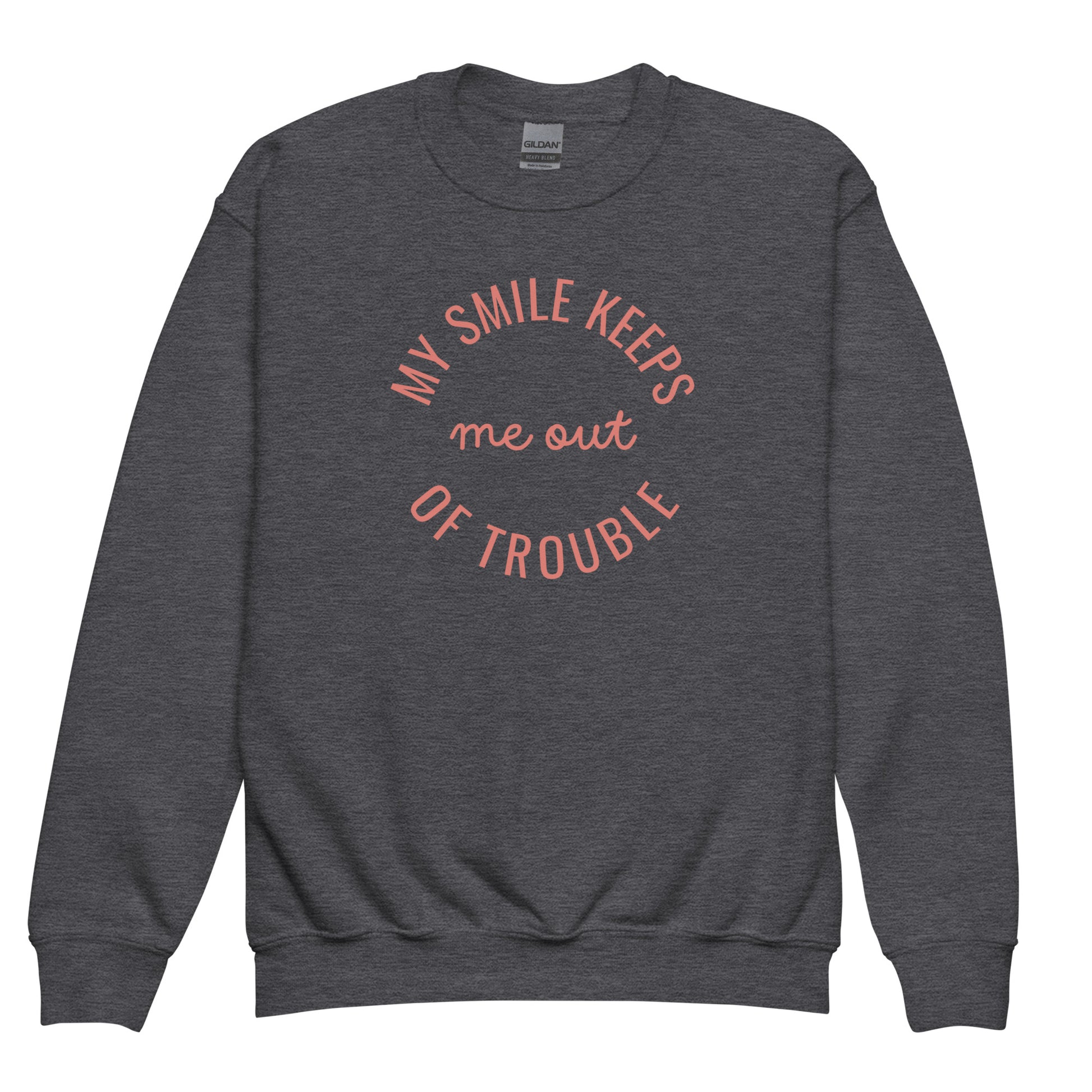 youth crew neck sweatshirt with 'My Smile Keeps Me Out of Trouble' text design