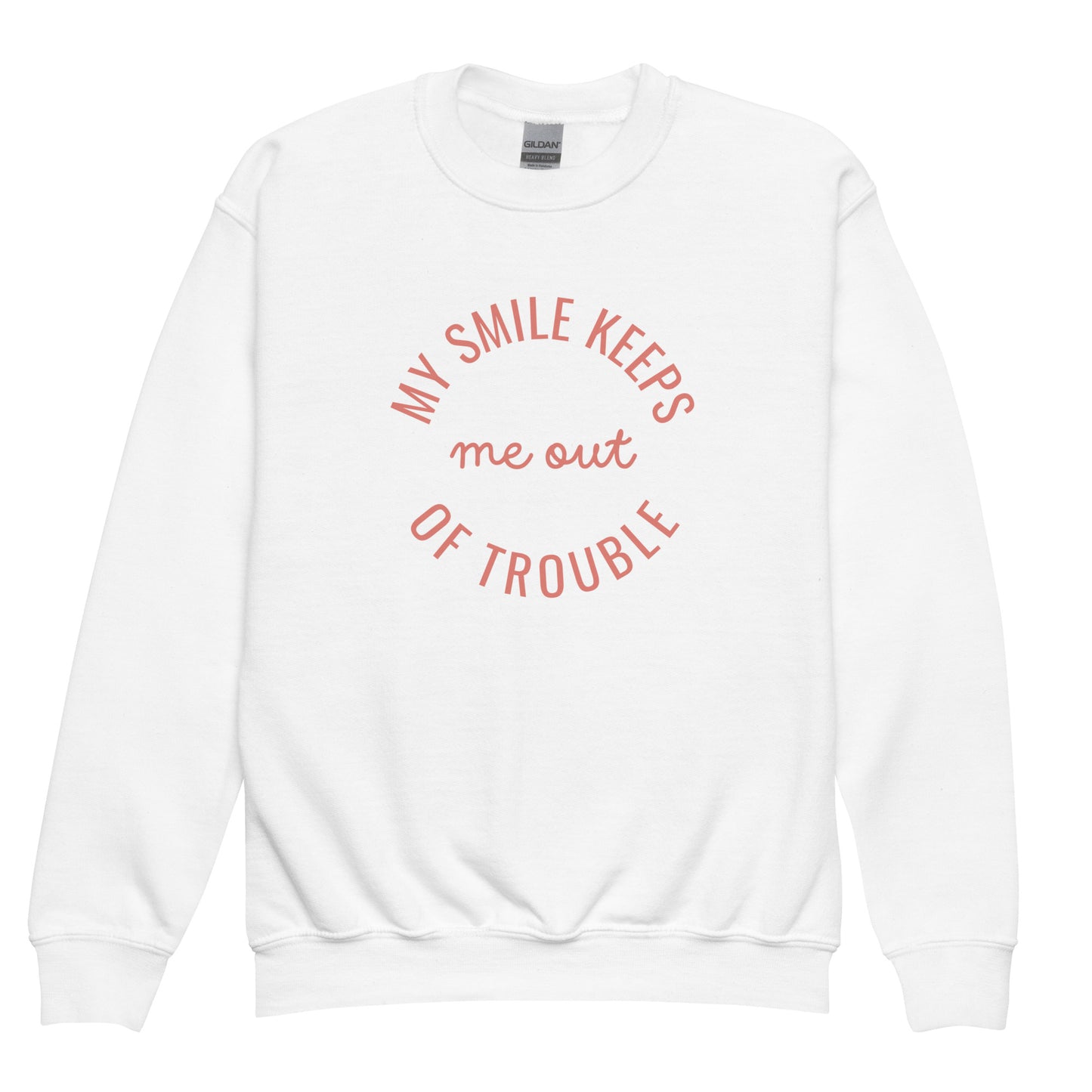 youth crew neck sweatshirt with 'My Smile Keeps Me Out of Trouble' text design