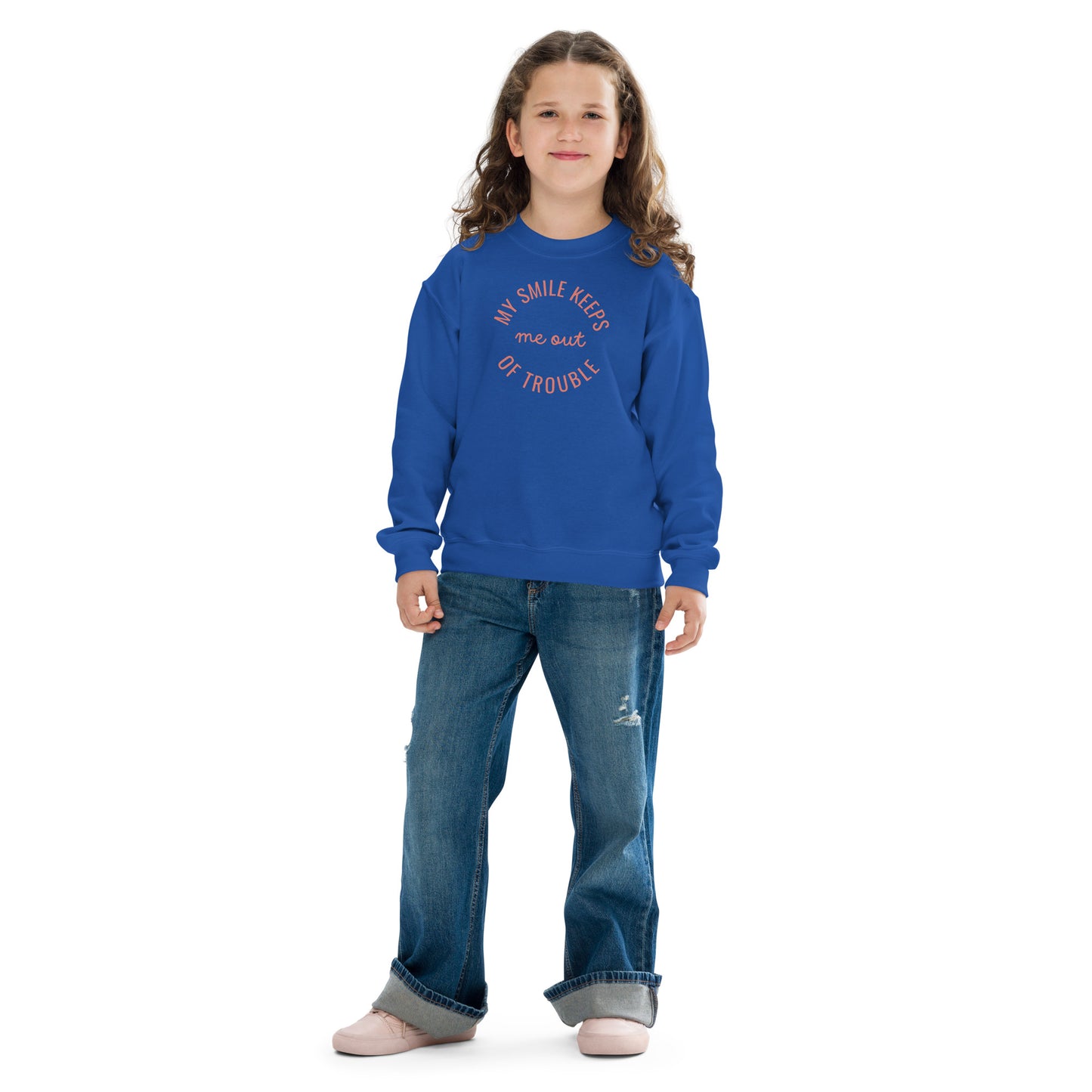 youth crew neck sweatshirt with 'My Smile Keeps Me Out of Trouble' text design