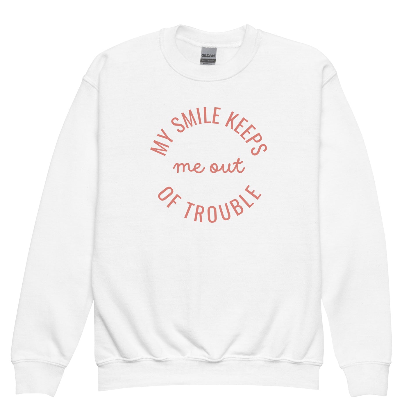 youth crew neck sweatshirt with 'My Smile Keeps Me Out of Trouble' text design