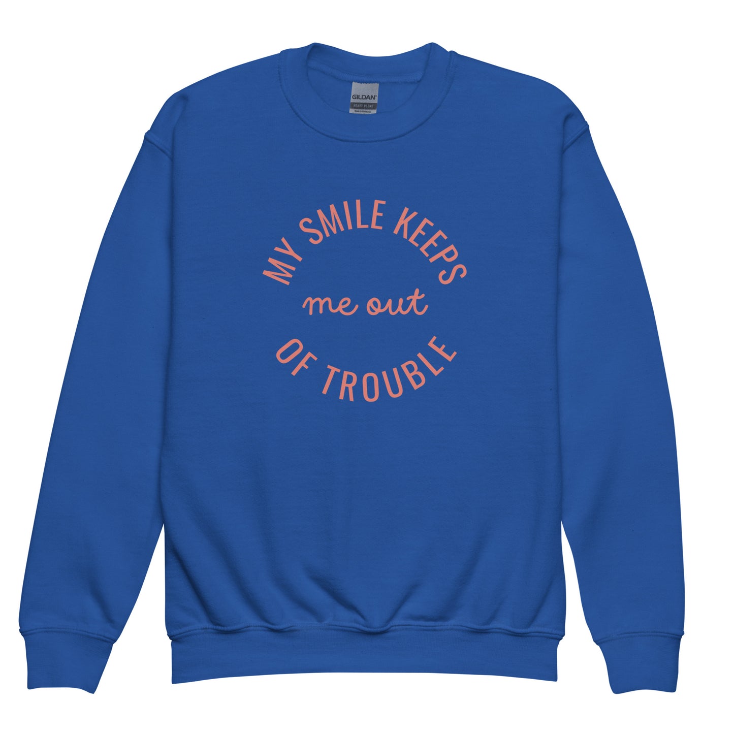 youth crew neck sweatshirt with 'My Smile Keeps Me Out of Trouble' text design