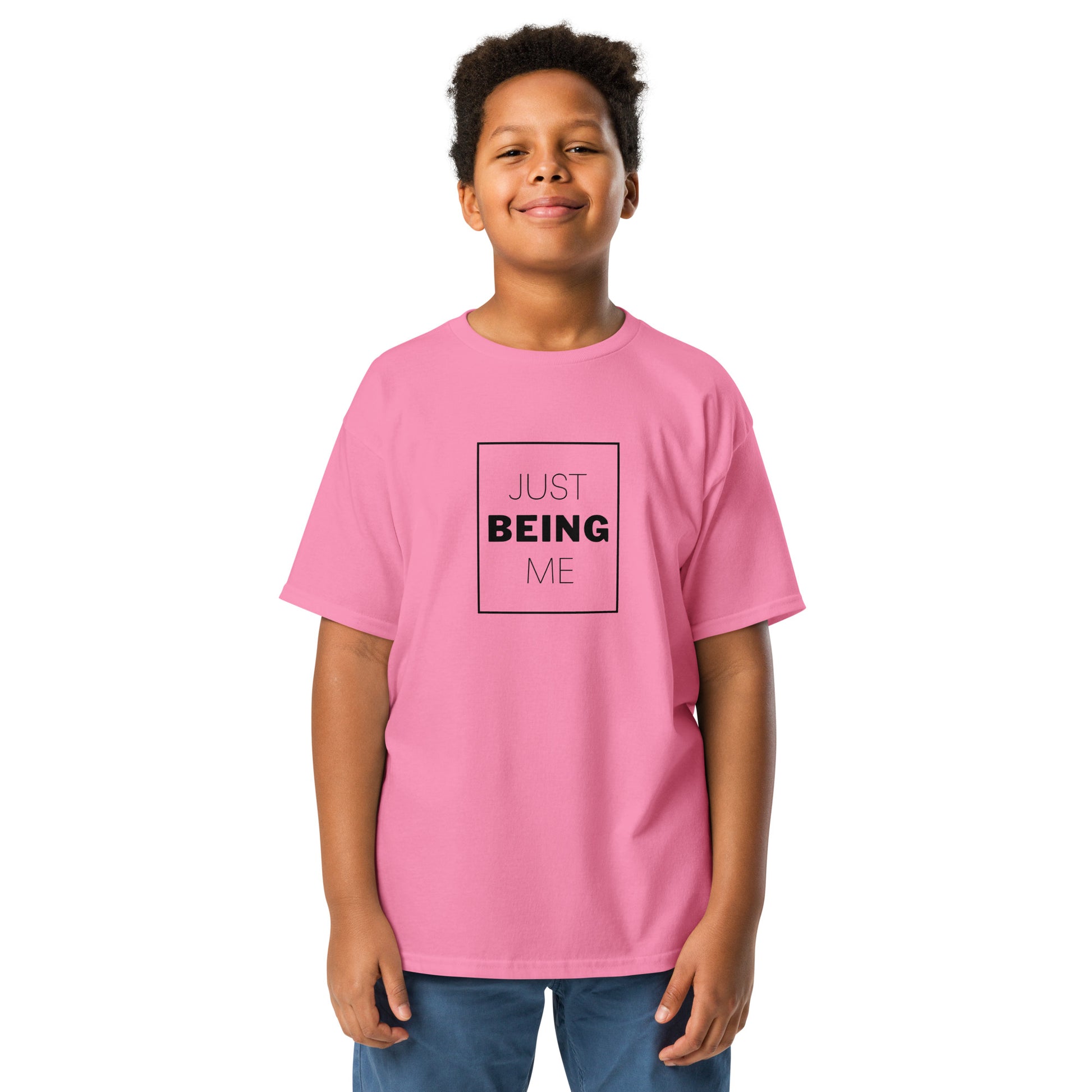 youth t-shirt with 'Just Being Me' text design in bright colors