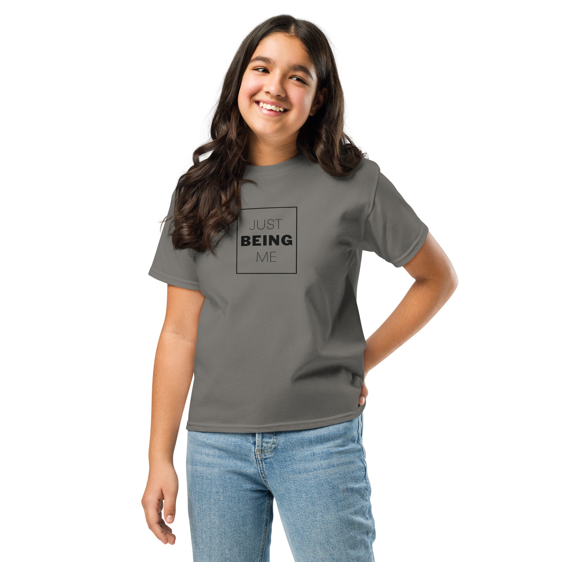 youth t-shirt with 'Just Being Me' text design in bright colors