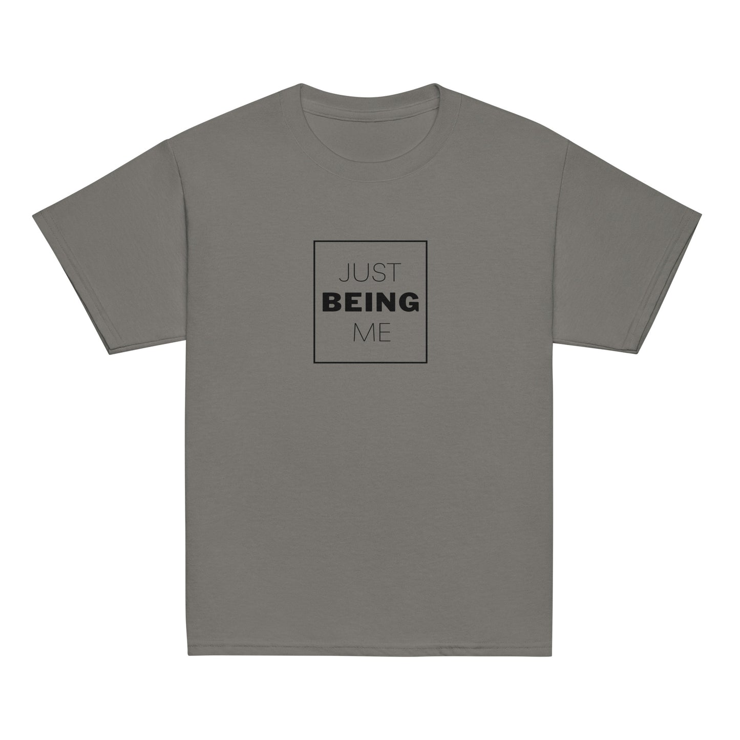 youth t-shirt with 'Just Being Me' text design in bright colors