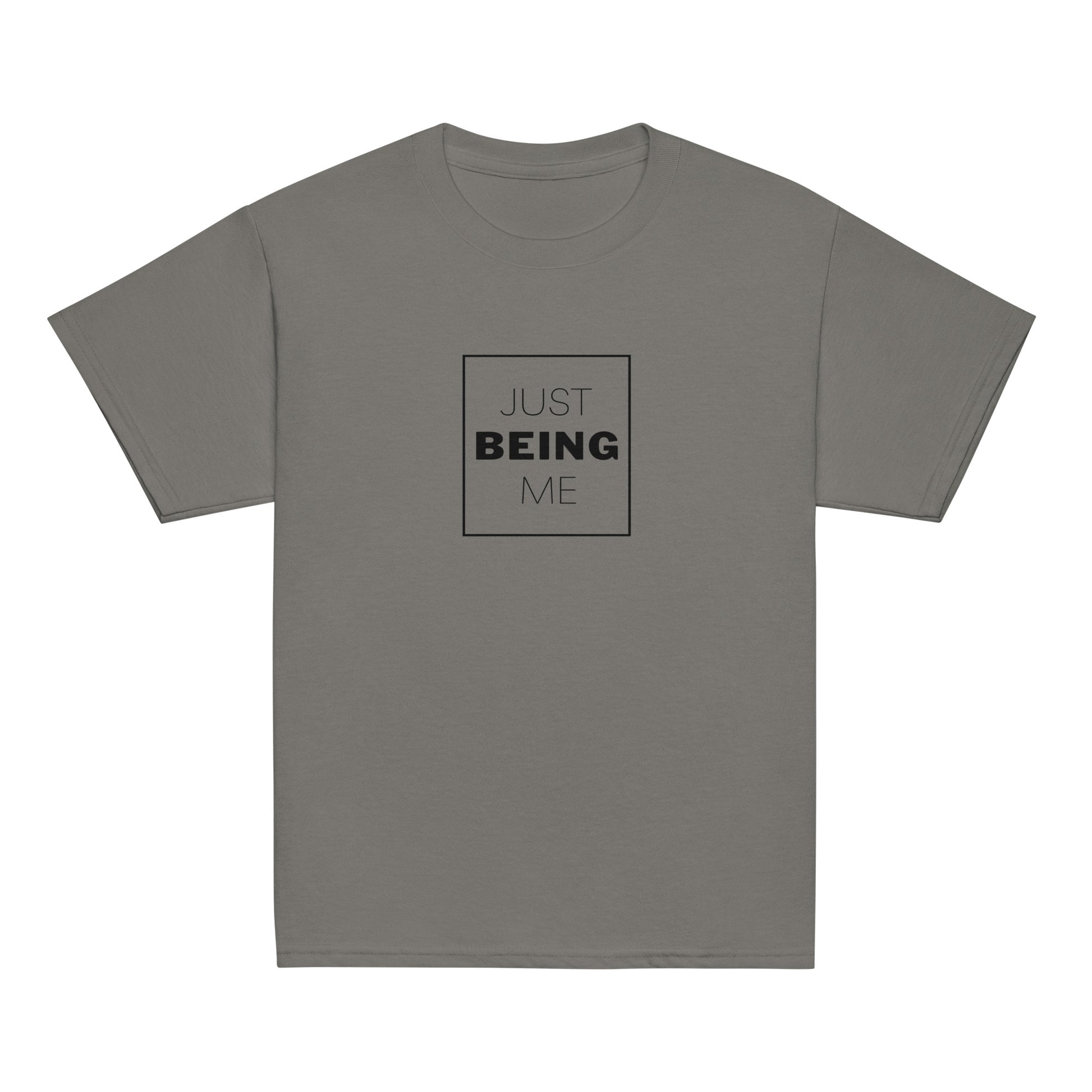 youth t-shirt with 'Just Being Me' text design in bright colors