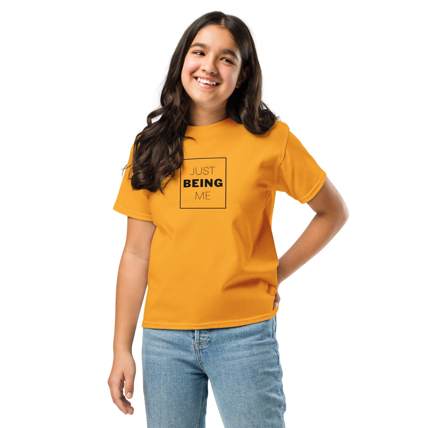 youth t-shirt with 'Just Being Me' text design in bright colors