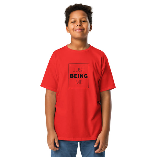 youth t-shirt with 'Just Being Me' text design in bright colors