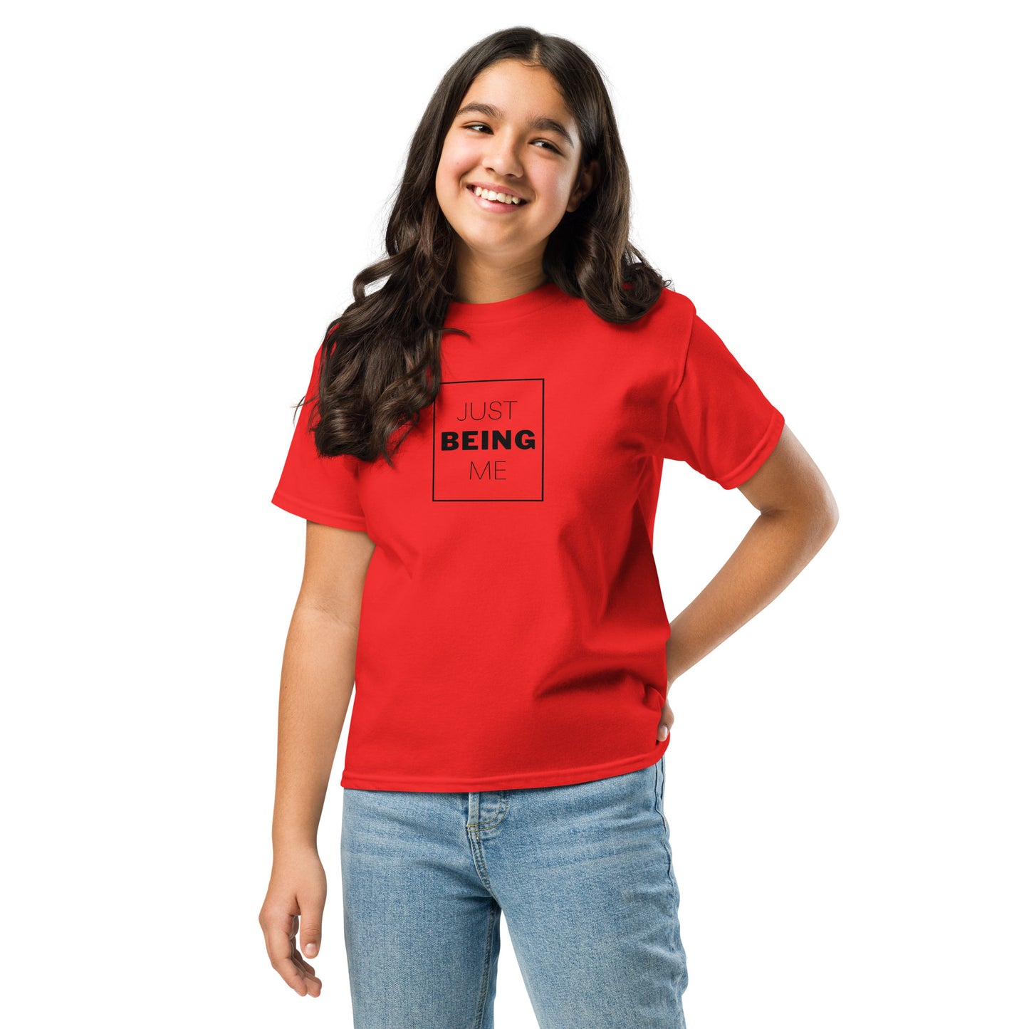 youth t-shirt with 'Just Being Me' text design in bright colors
