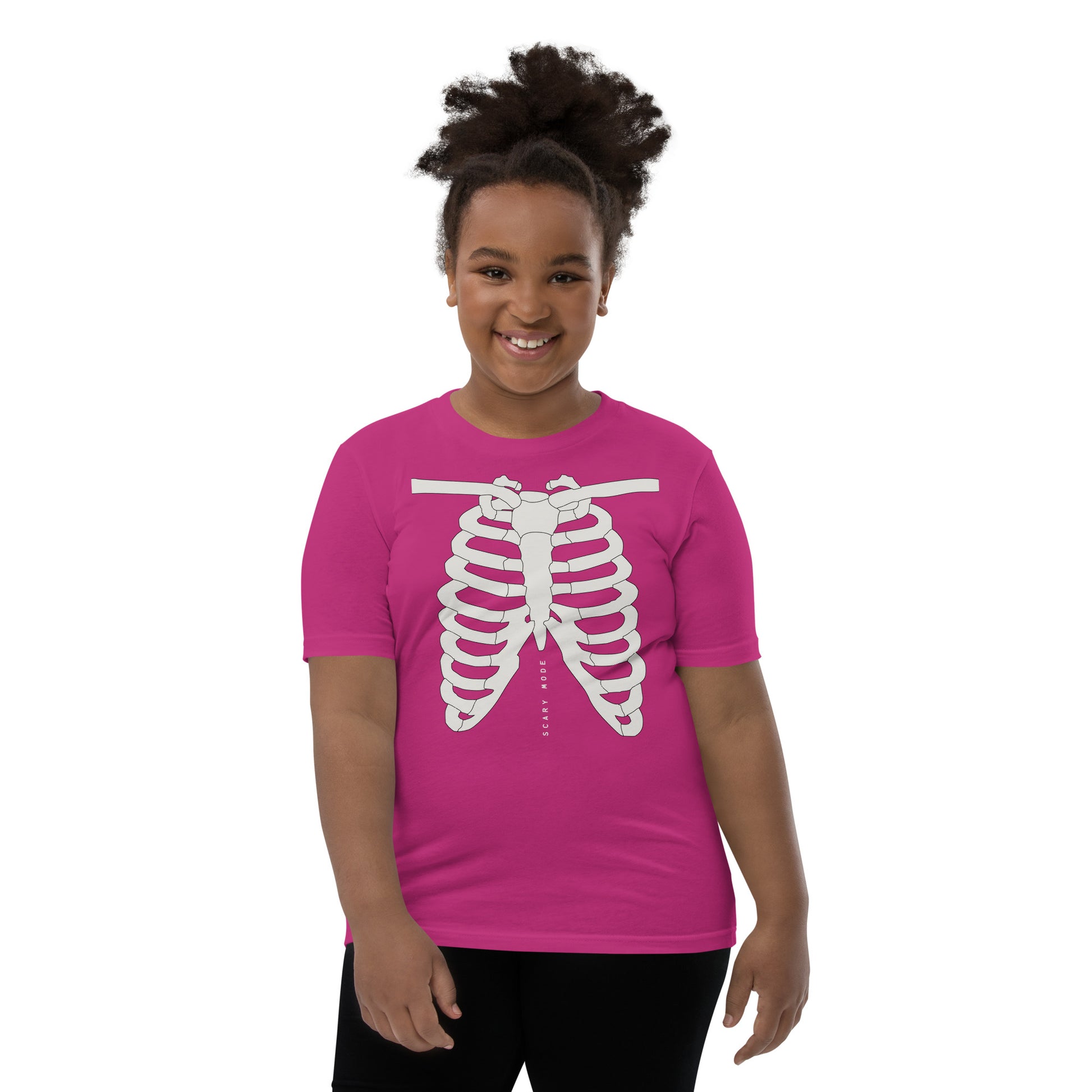 youth t-shirt with skeleton ribcage and 'Scary Mode' text design